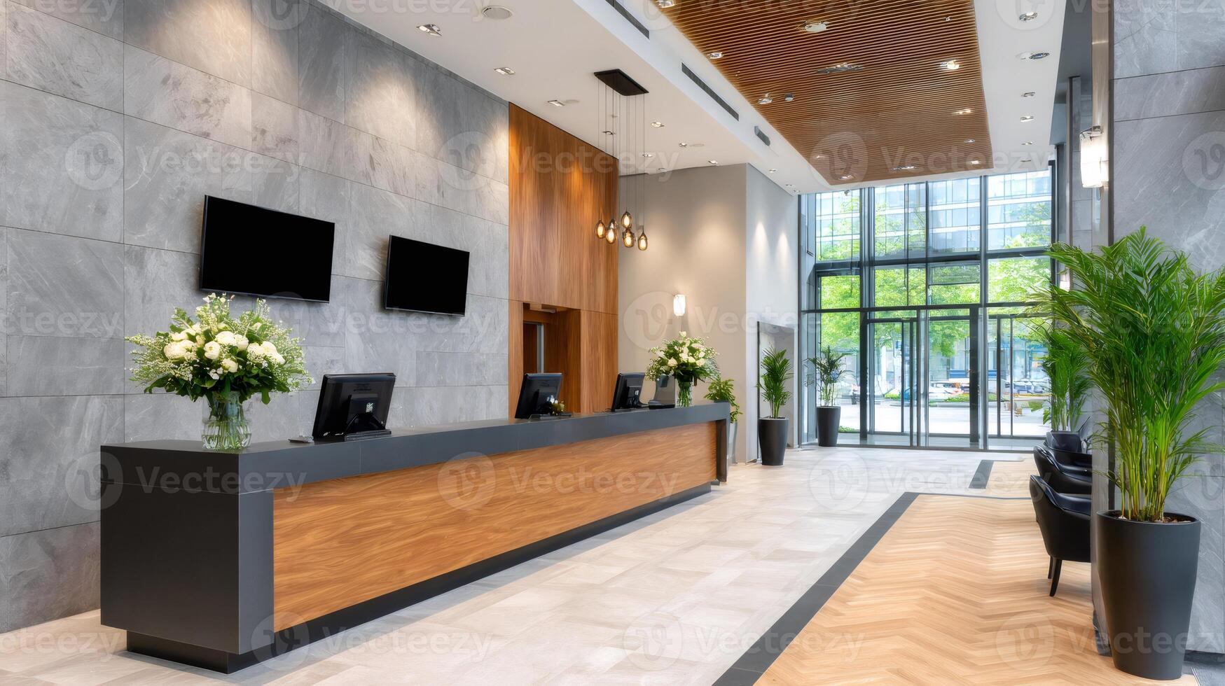 Modern hotel lobby with reception desk showing welcoming atmosphere. photo