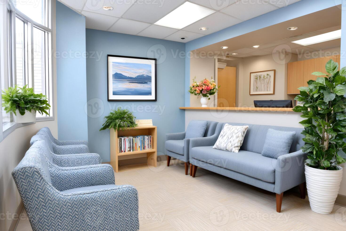 Comfortable waiting room with blue furniture welcoming patients photo