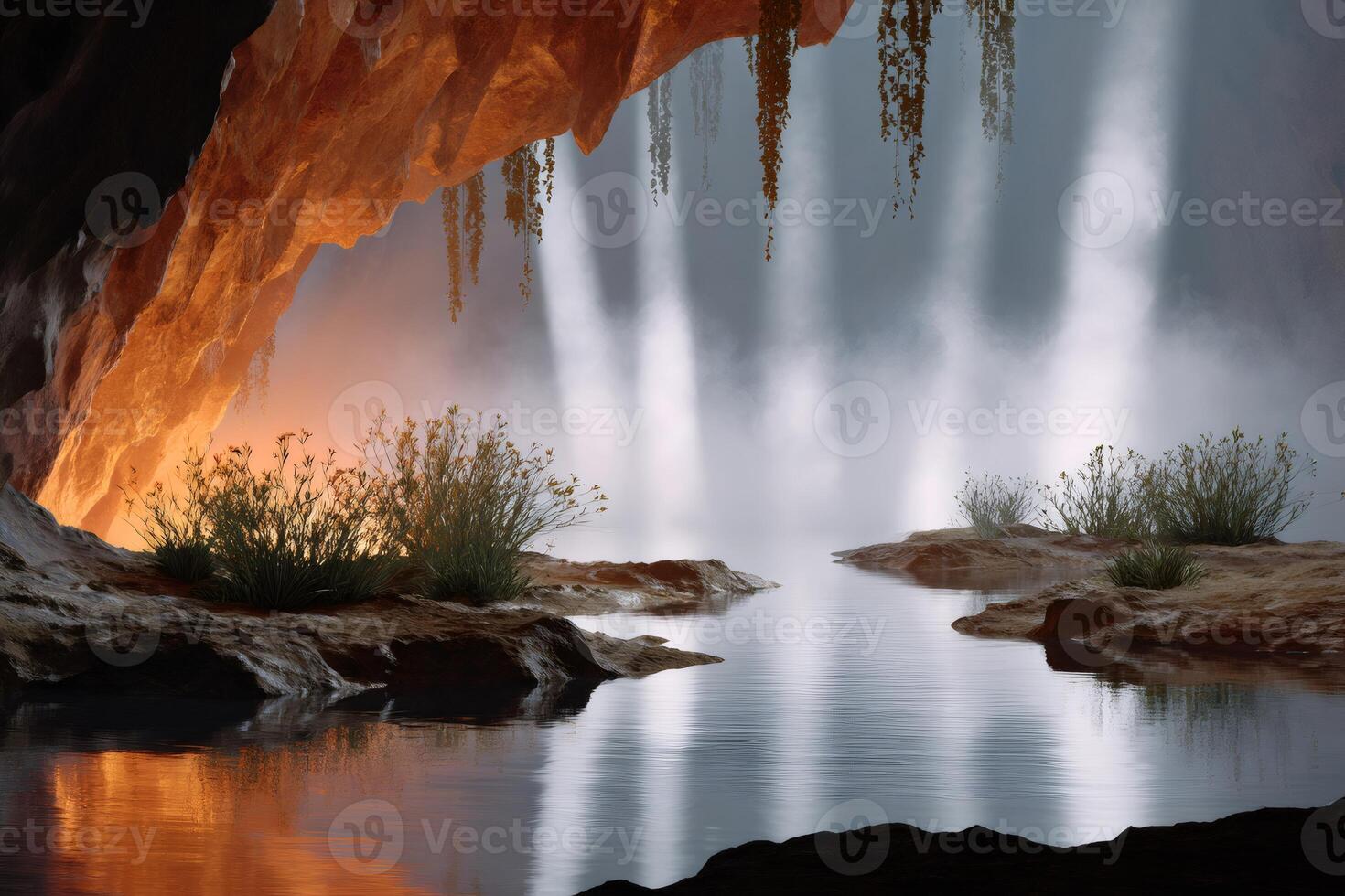 Mysterious glowing cave with plants, waterfall and subterranean river photo