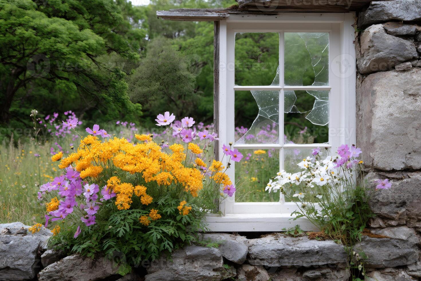 Colorful cosmos flowers growing near broken window of old stone house photo