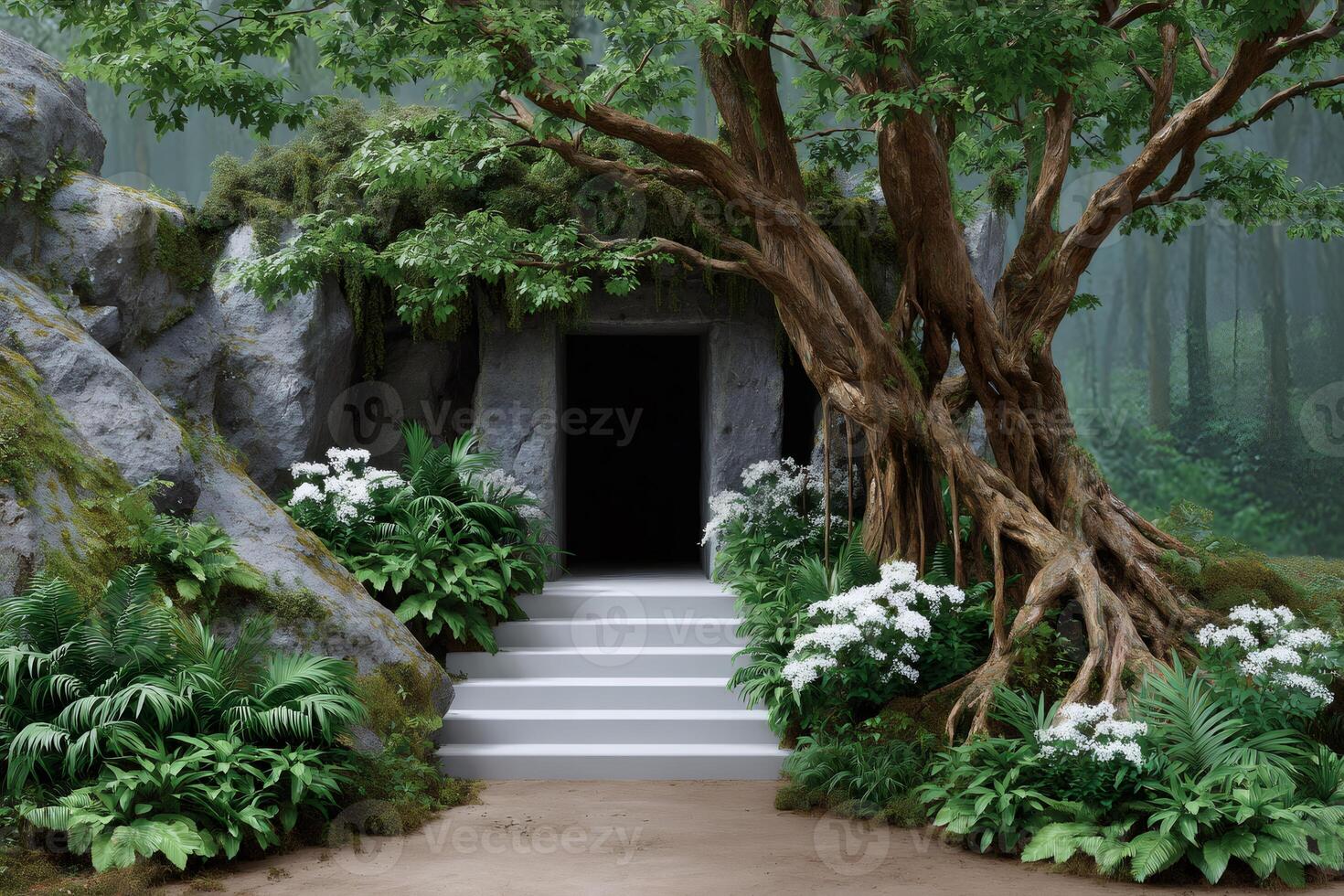 Mysterious entrance to an ancient tomb in the forest photo