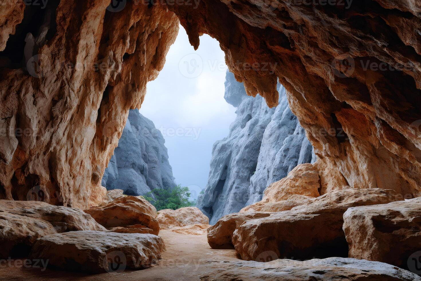 Exploring majestic cave opening to breathtaking mountain valley view photo