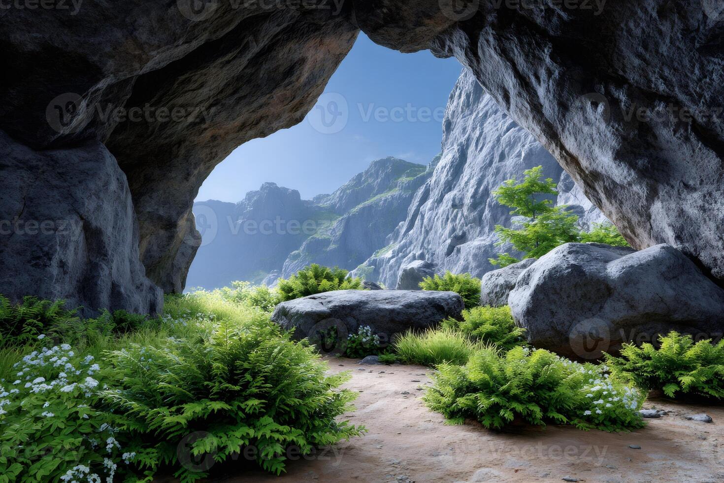 Exploring a large natural cave with lush vegetation and rocky mountains photo