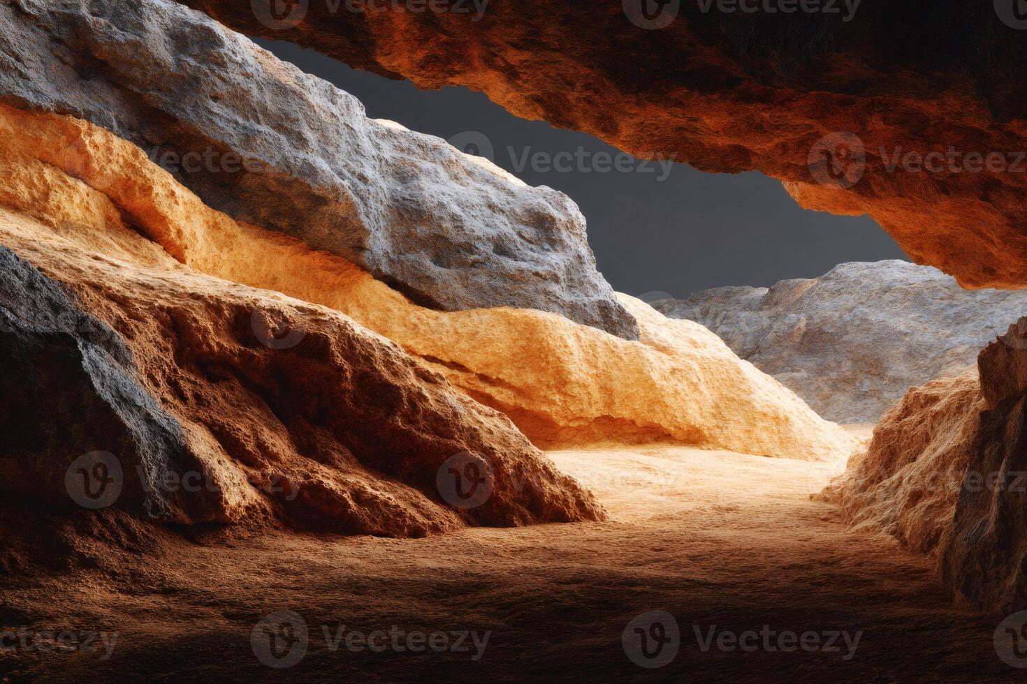 Sunlight illuminating cave entrance in a rocky landscape photo