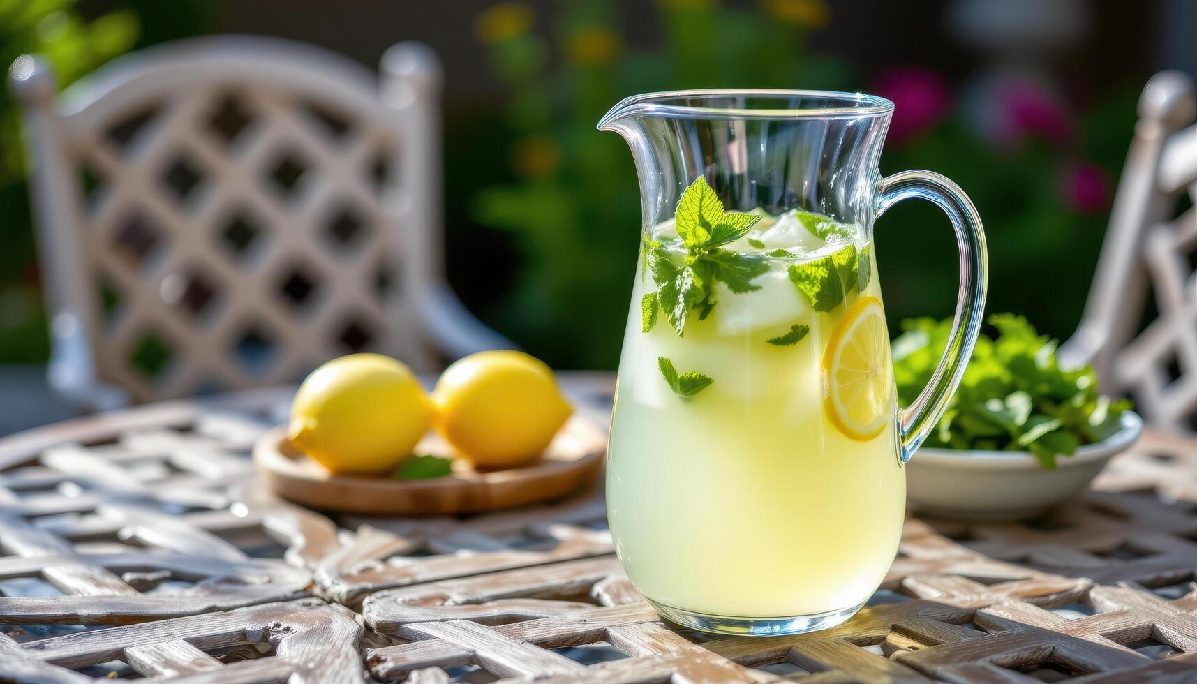 a pitcher of mint lemonade on a patio table. photo
