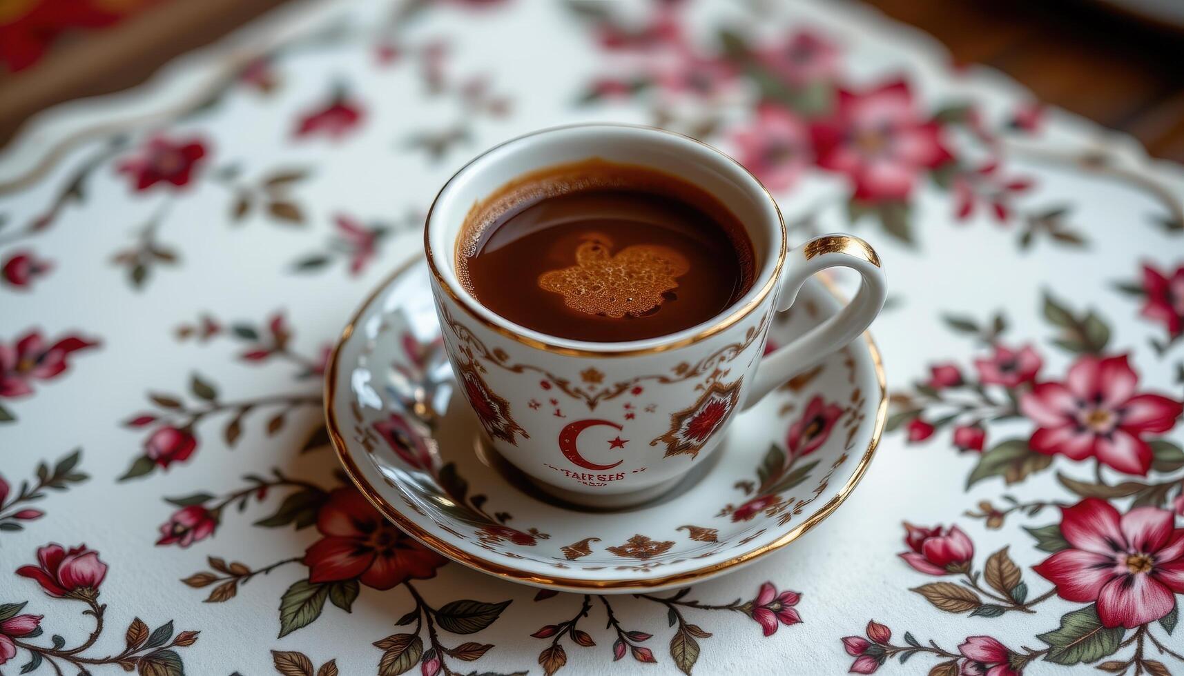a cup of turkish coffee with ornate patterns. photo