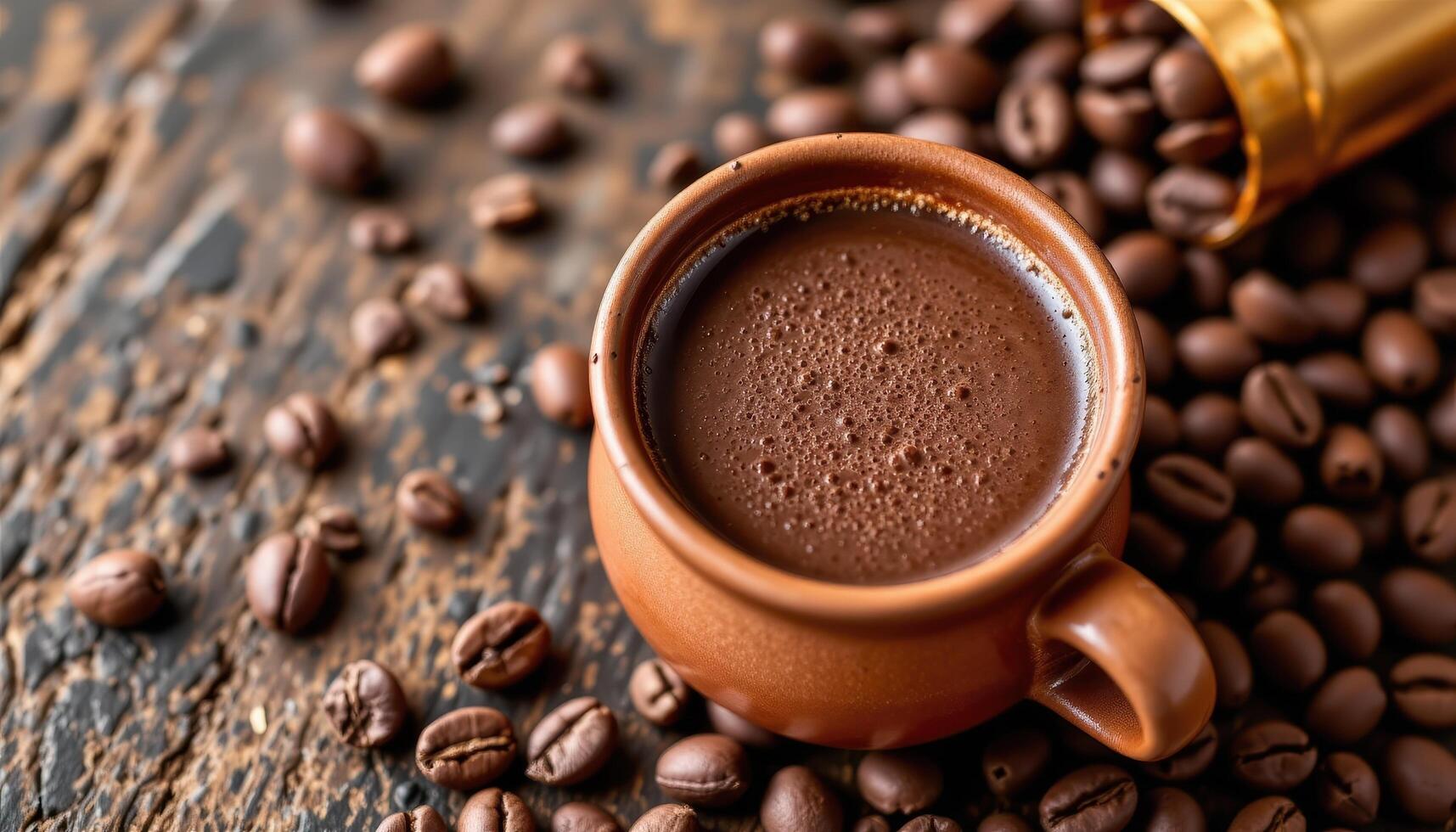 a chocolate drink in a clay mug beside cocoa beans. photo