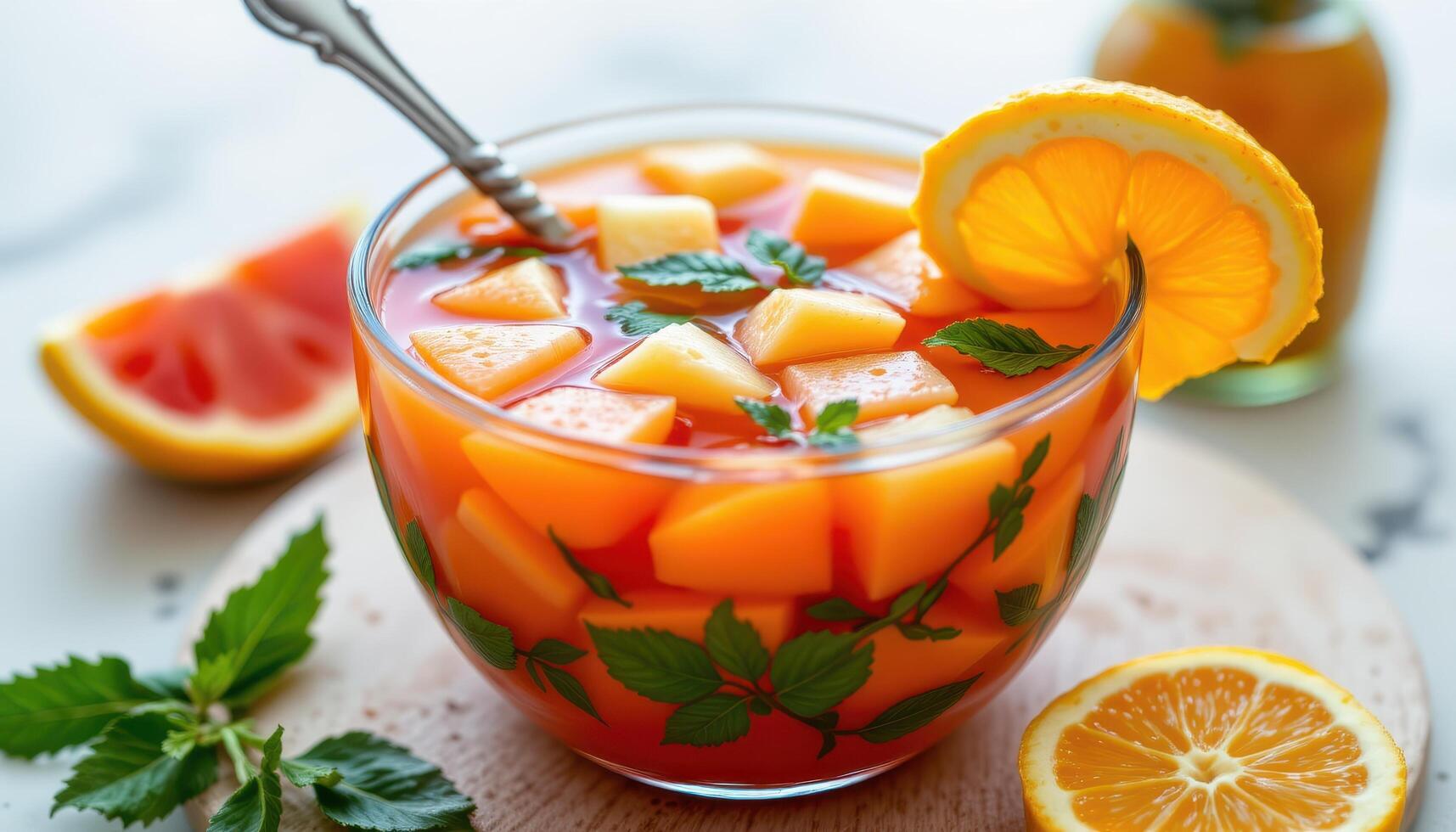 a tropical punch in a glass bowl with ladle. photo