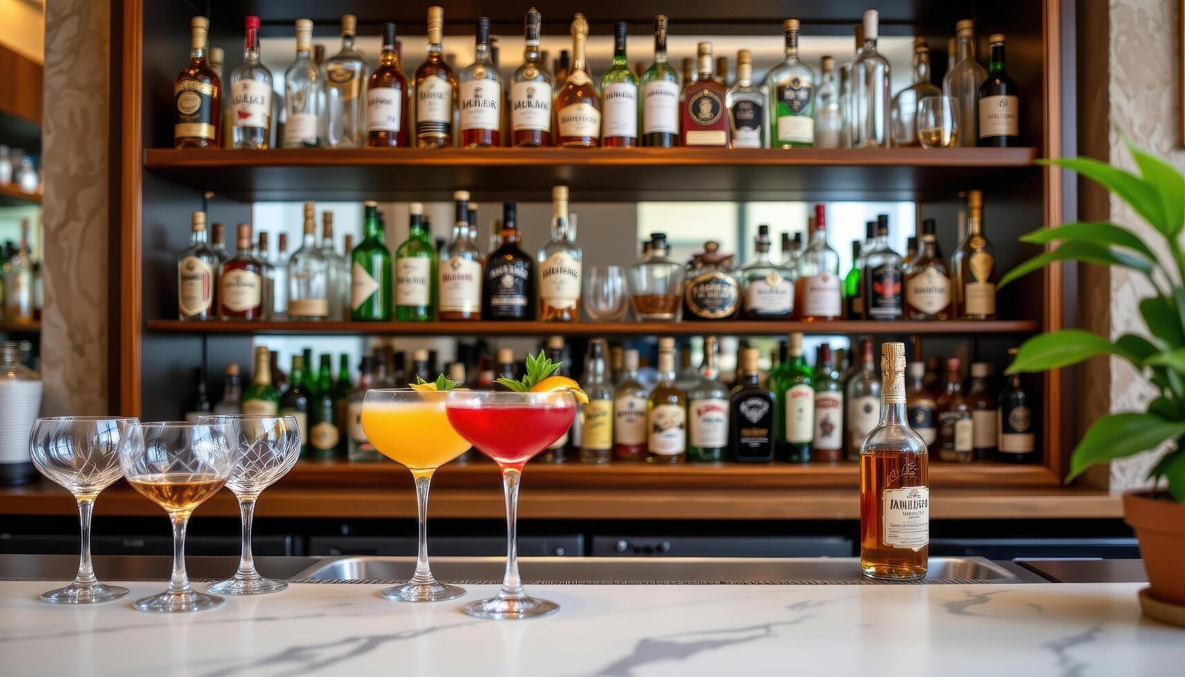 a bar shelf filled with cocktail glasses and liquor bottles. photo