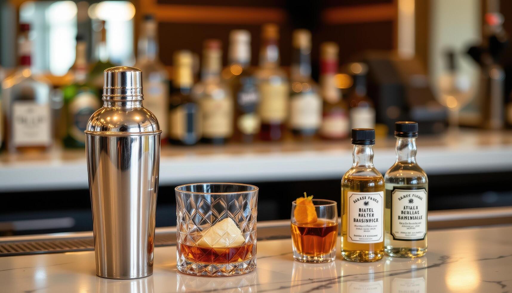 a set of cocktail shakers and bitters on a marble bar. photo