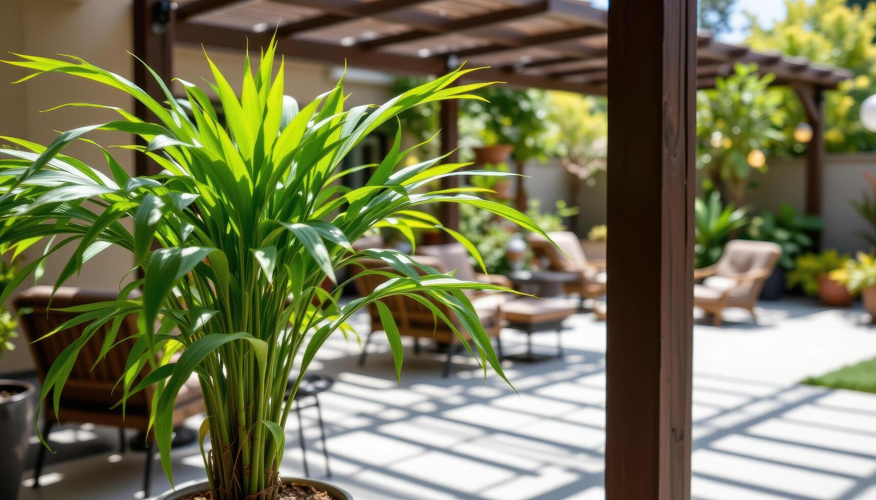 a potted bamboo palm beside a shaded patio. photo