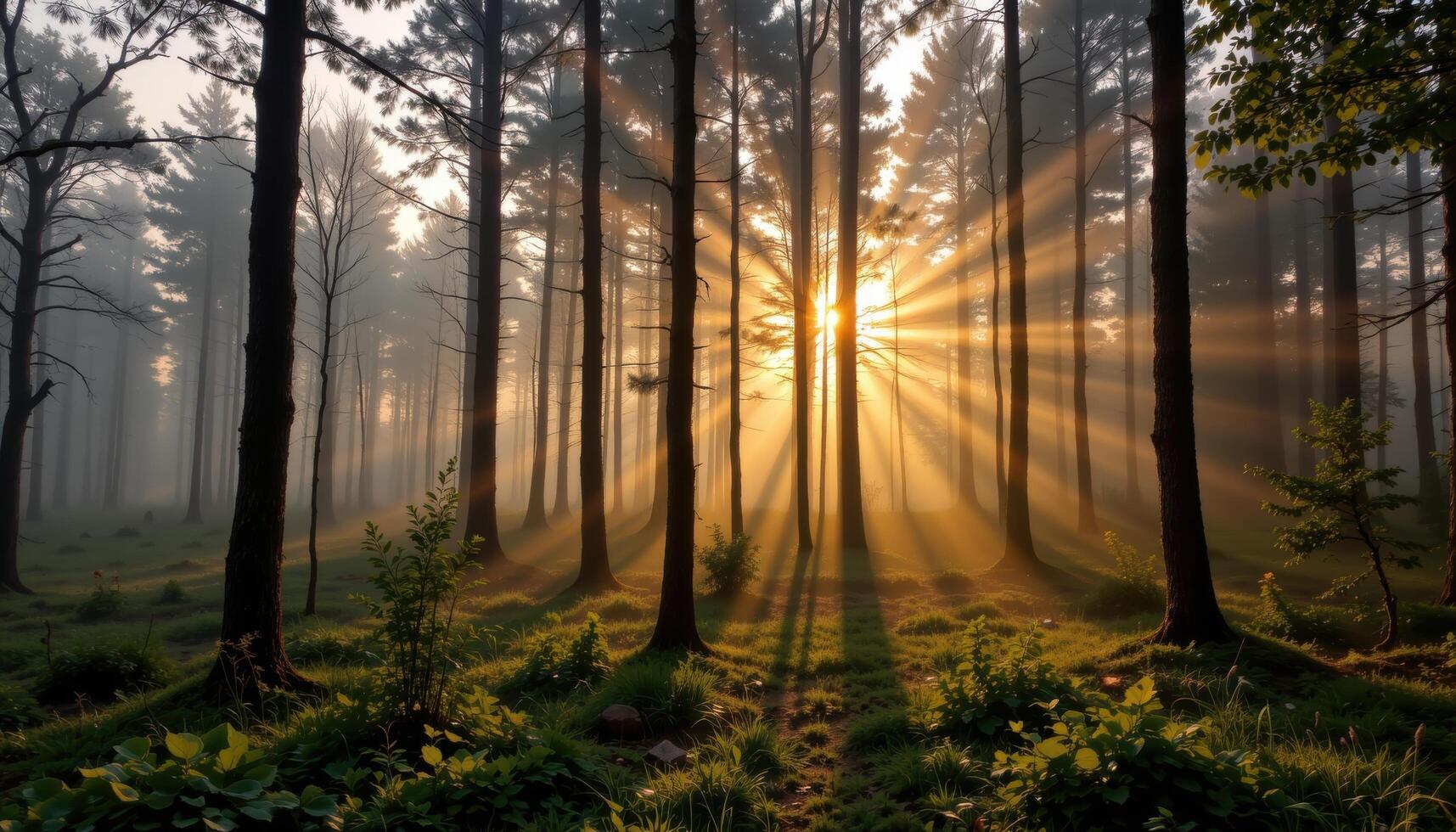 a misty forest at sunrise with light rays piercing through the trees. photo