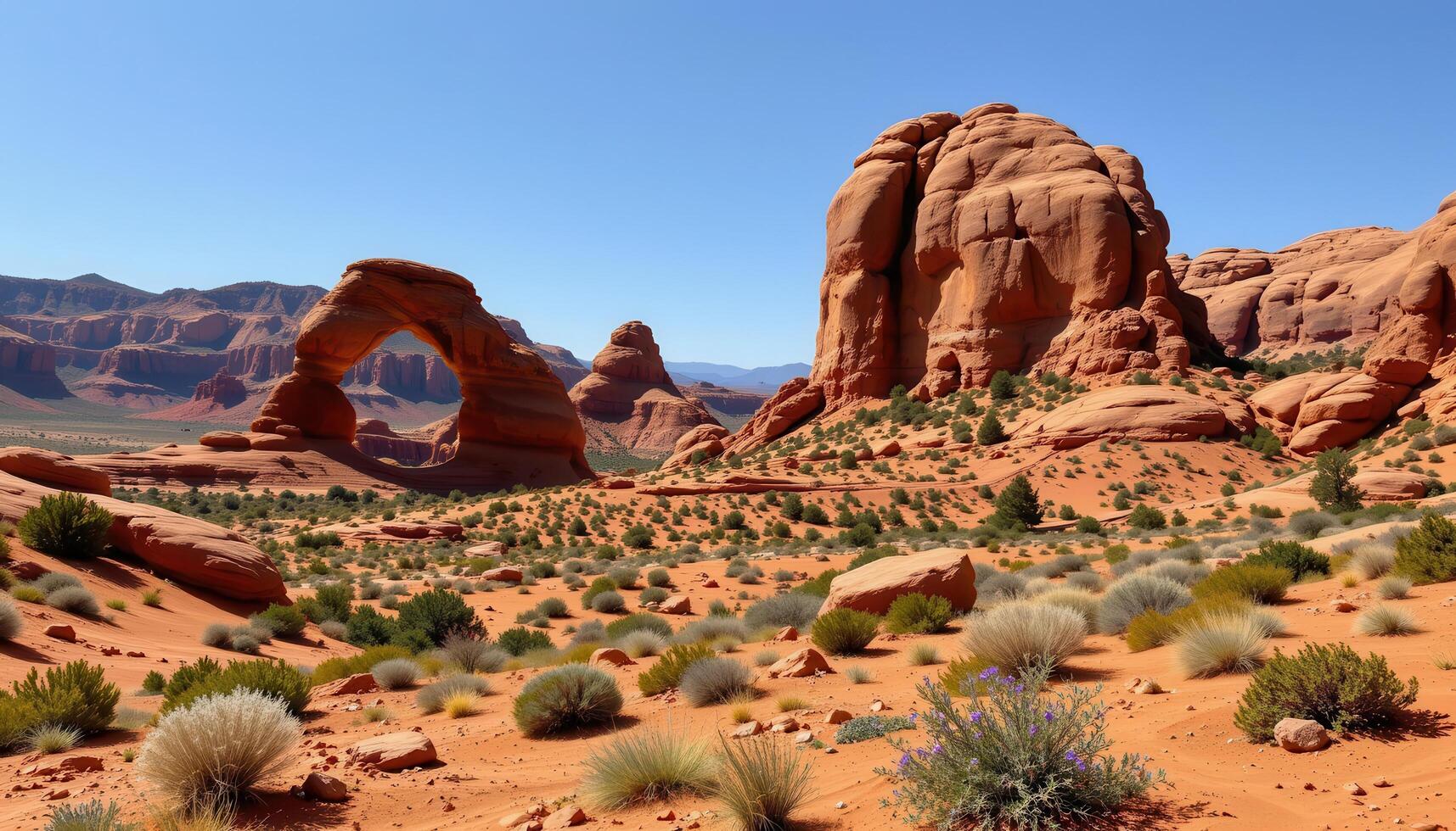 a red rock desert with arches and eroded formations. photo