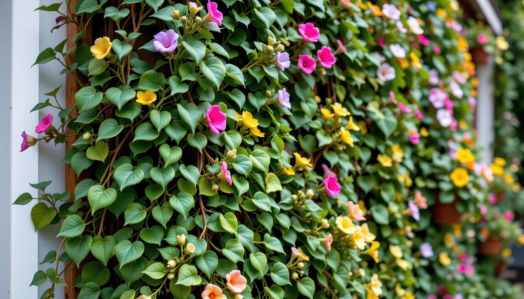 a vertical garden of leafy vines and flowering plants. photo