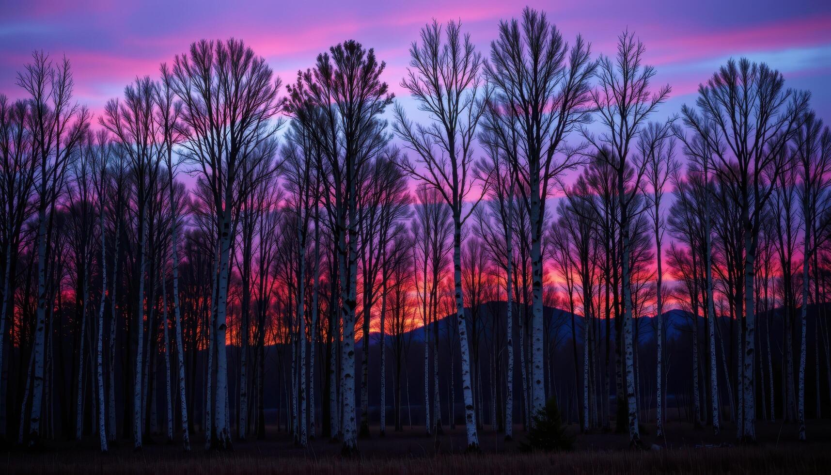 a twilight scene in a birch forest with purple sky hues. photo