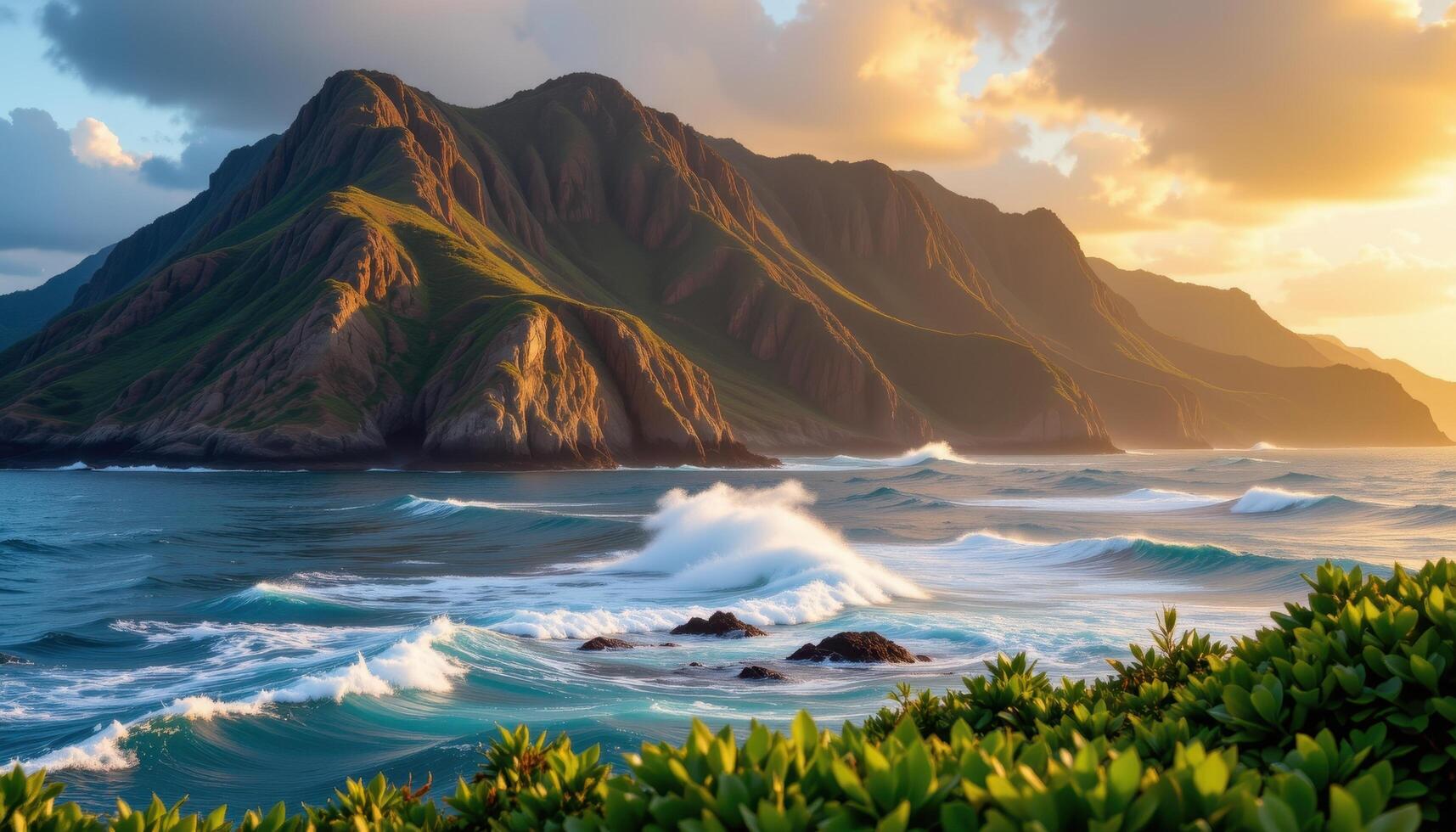 a tropical coastline with tall cliffs and crashing waves. photo