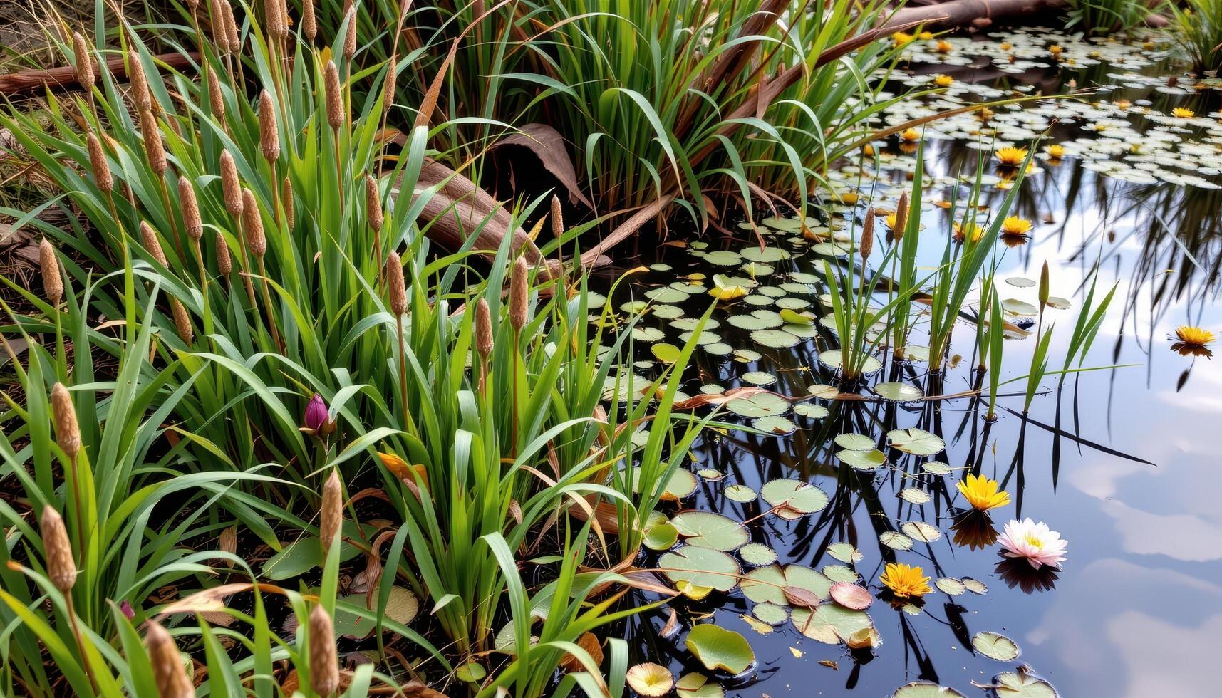 a bog filled with flowering reeds and aquatic plants. photo