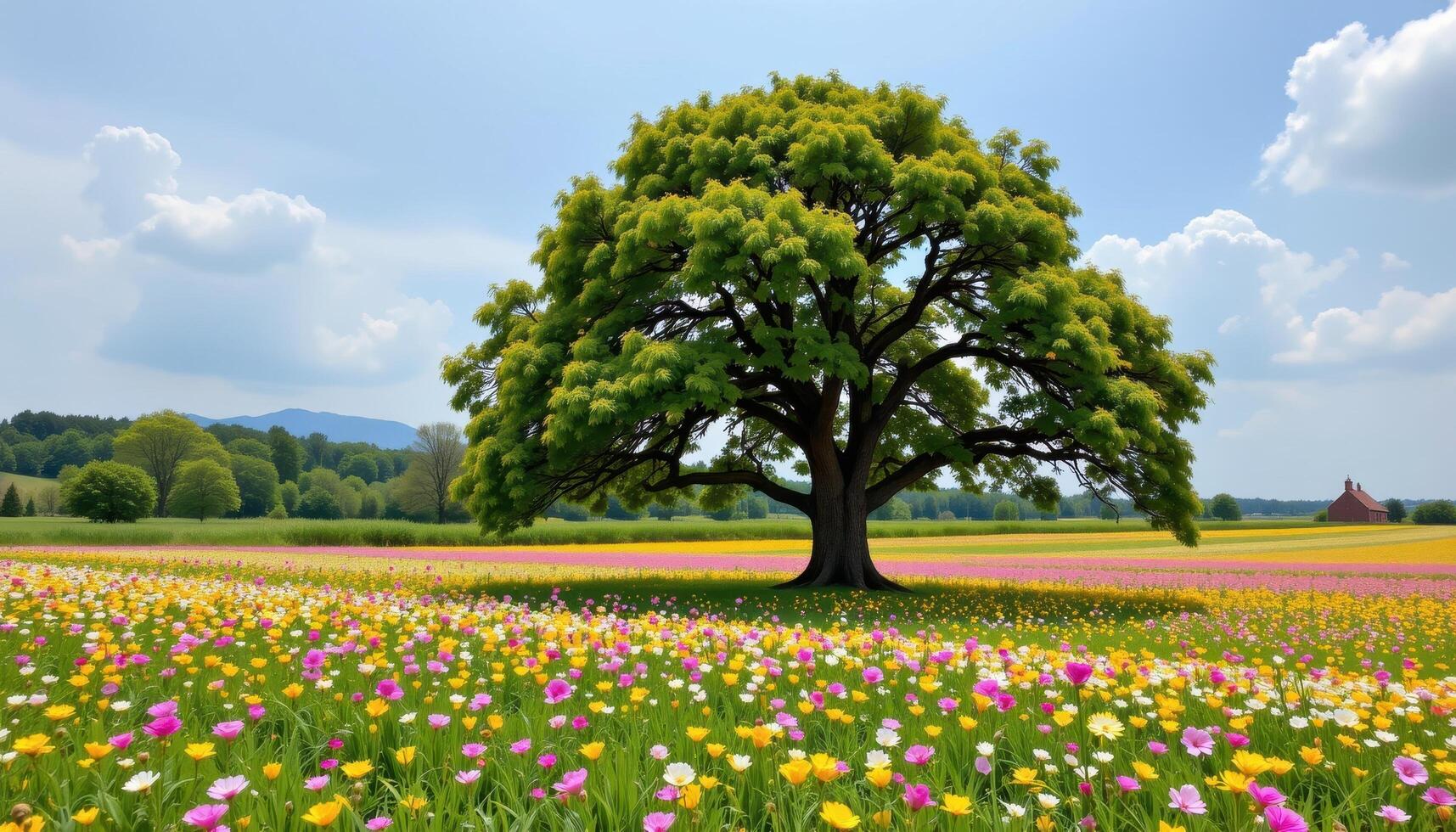 a lonely oak tree in the middle of a blooming flower field. photo