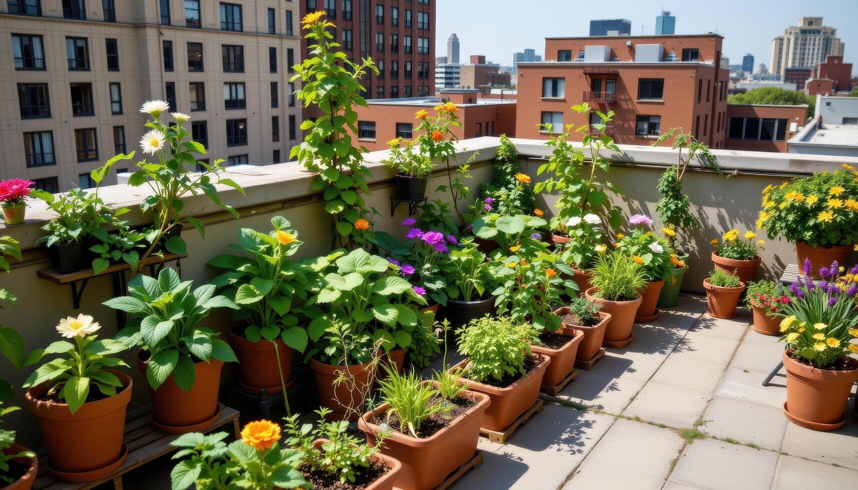 a rooftop garden full of potted vegetables. photo