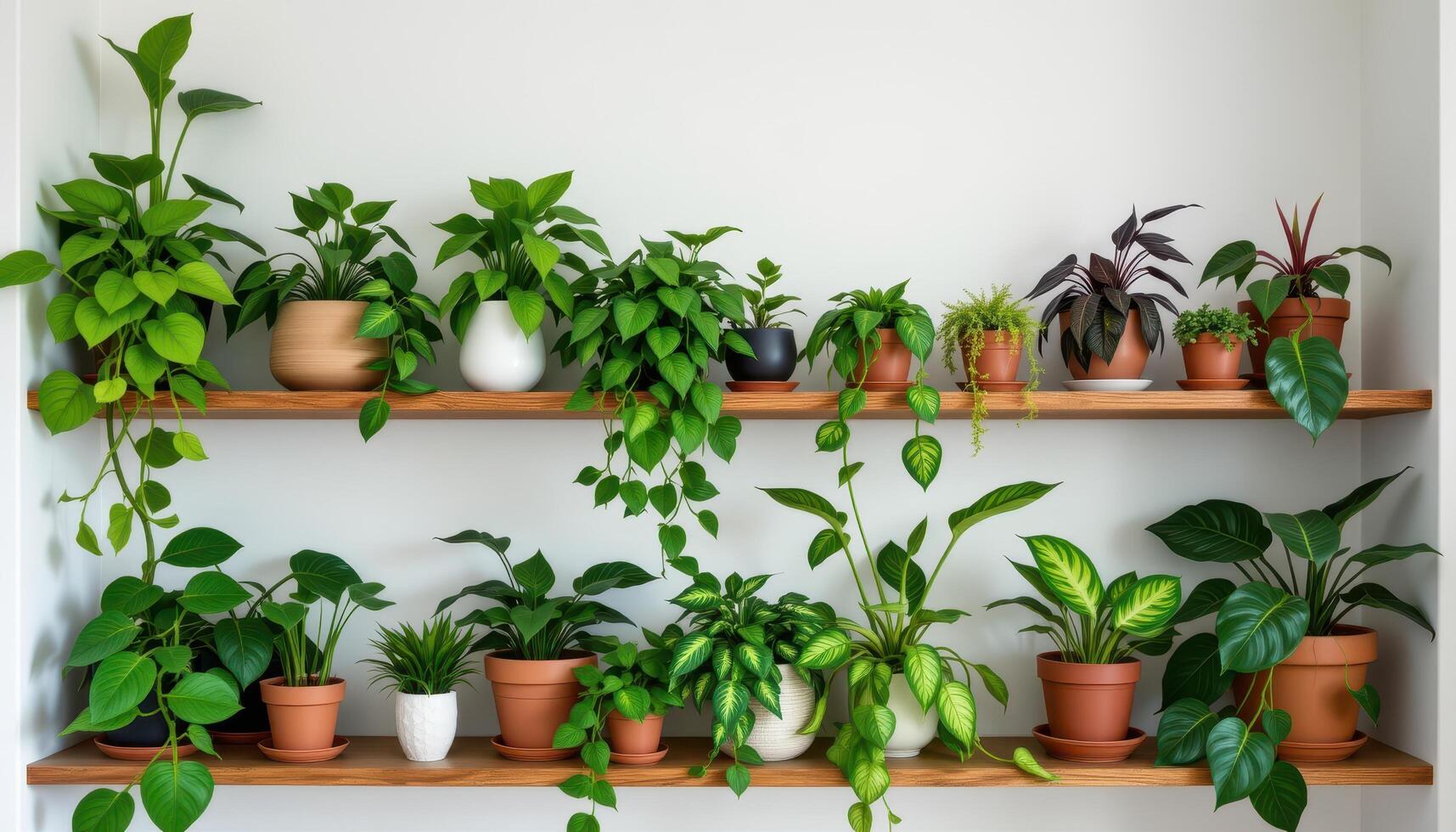 a shelf full of trailing pothos and philodendrons. photo