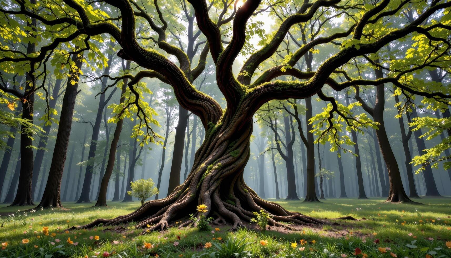a large twisted tree at the center of the forest. photo