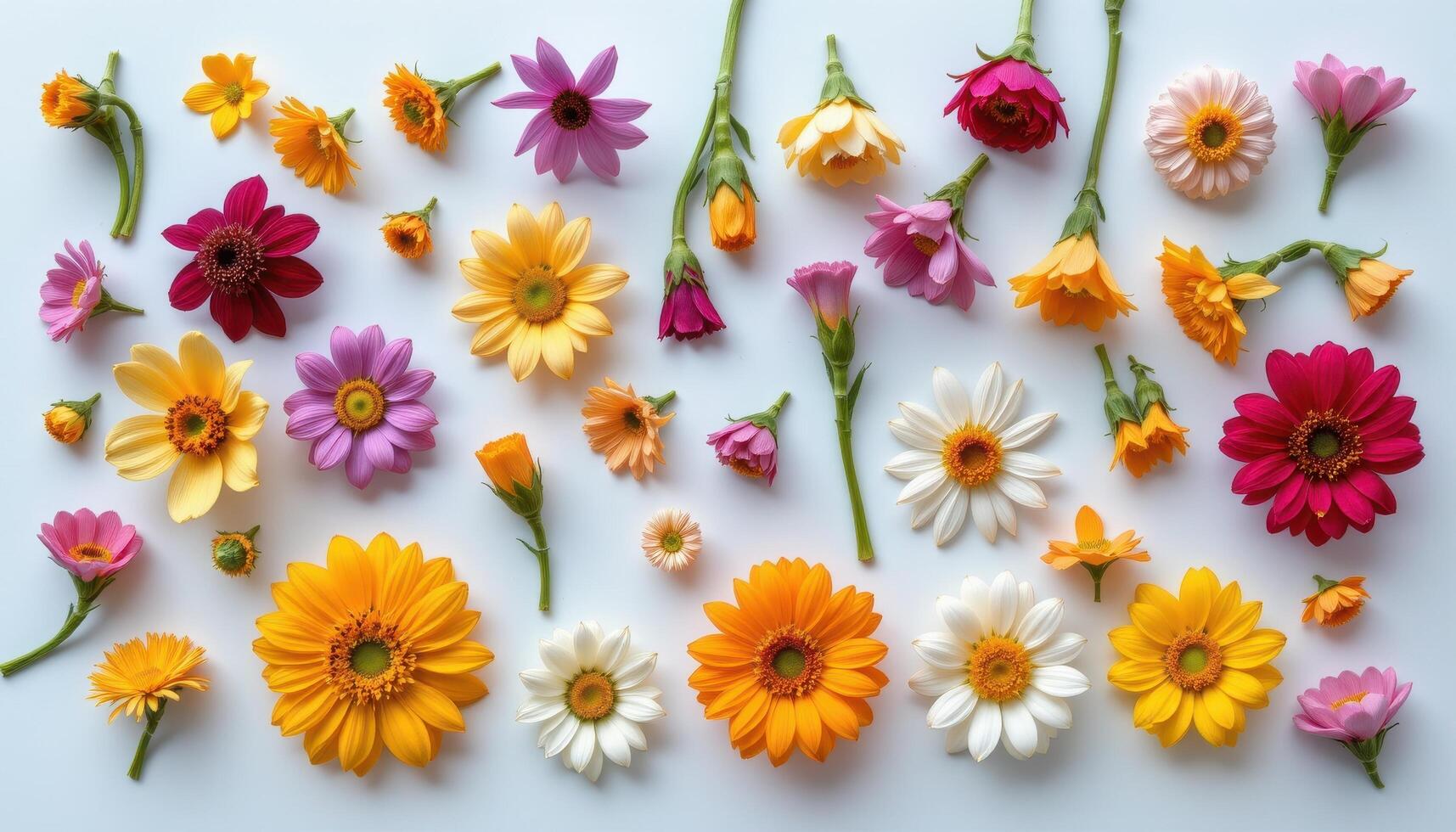 a composition of assorted flower heads laid out flat. photo