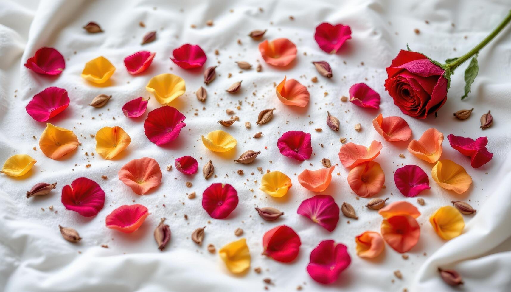 a still life of scattered petals on white linen. photo