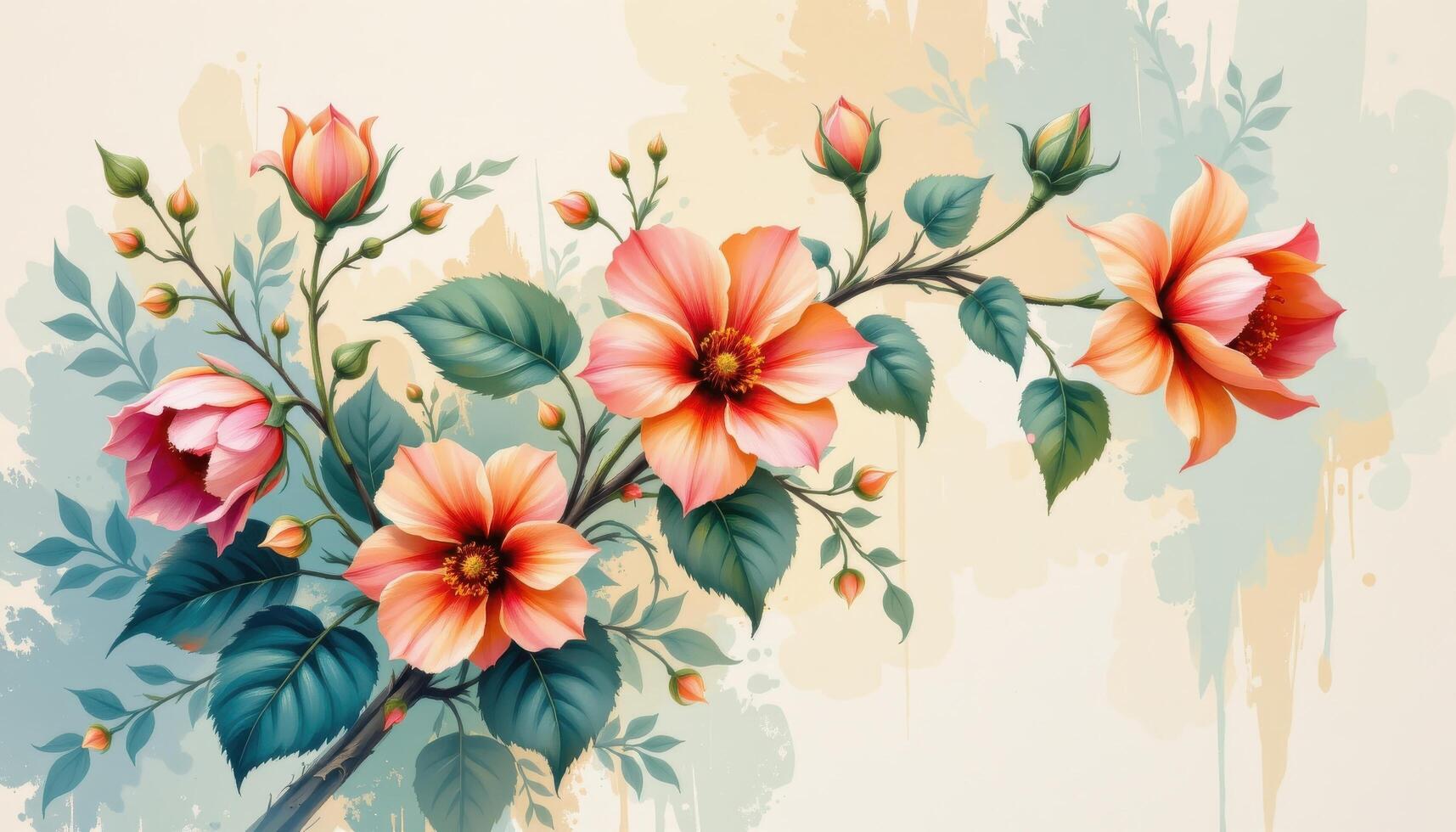 a vertical scroll style flower painting in soft brushstrokes. photo