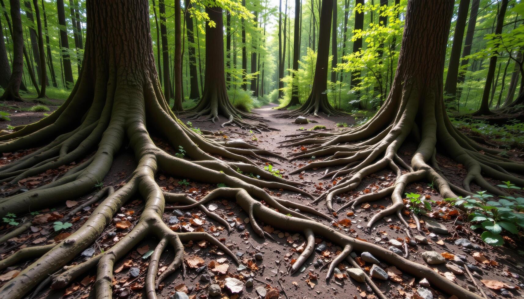 ancient tree roots twisting across the forest floor. photo