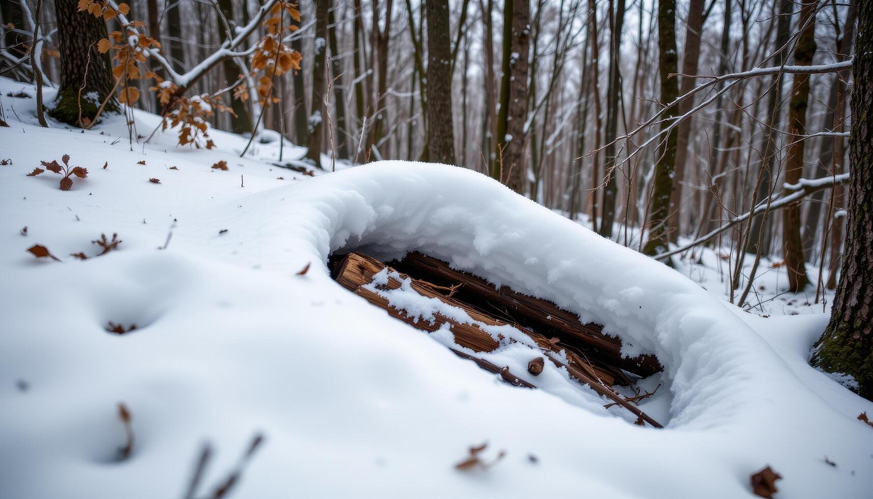 a thick layer of snow covering forest floor debris. photo