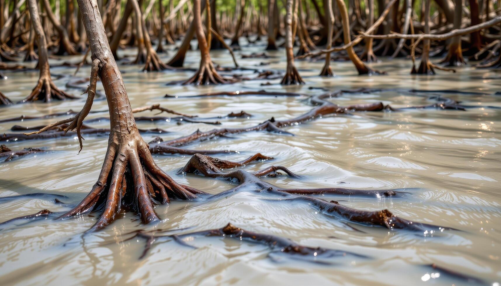 thick mats of mangrove roots emerging from muddy water. photo