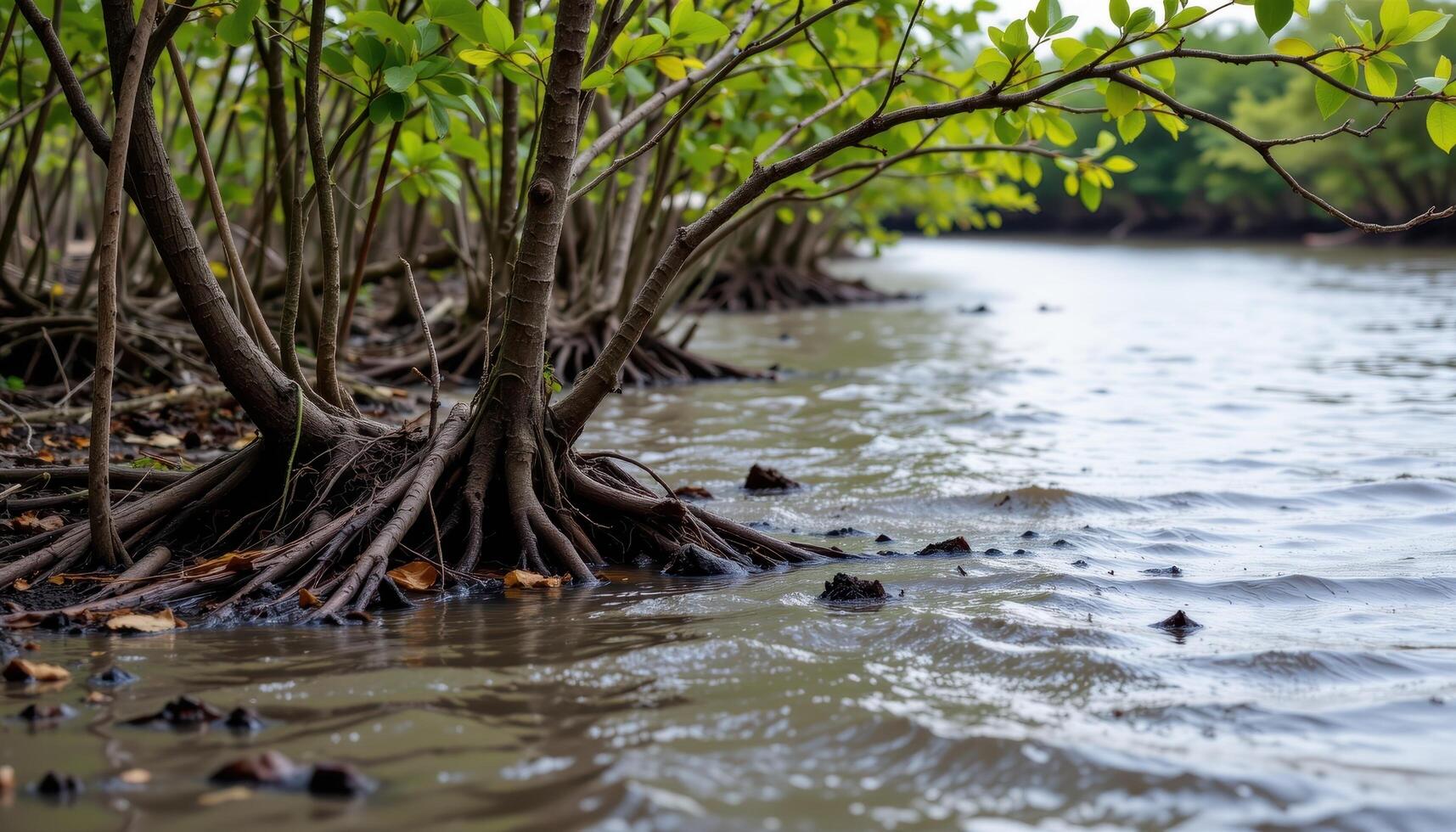 dark muddy soil beneath dense mangrove trees. photo