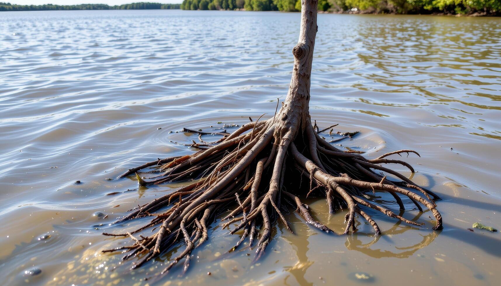 mangrove roots partially submerged during high tide. photo