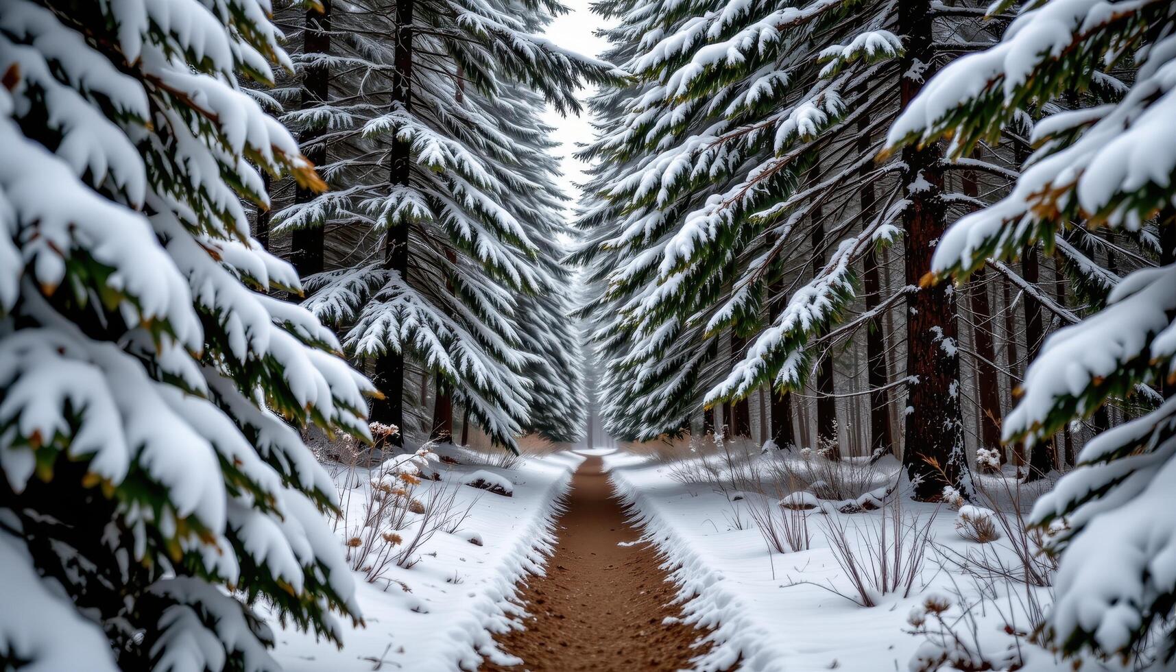a narrow path through a forest of snow dusted fir trees. photo
