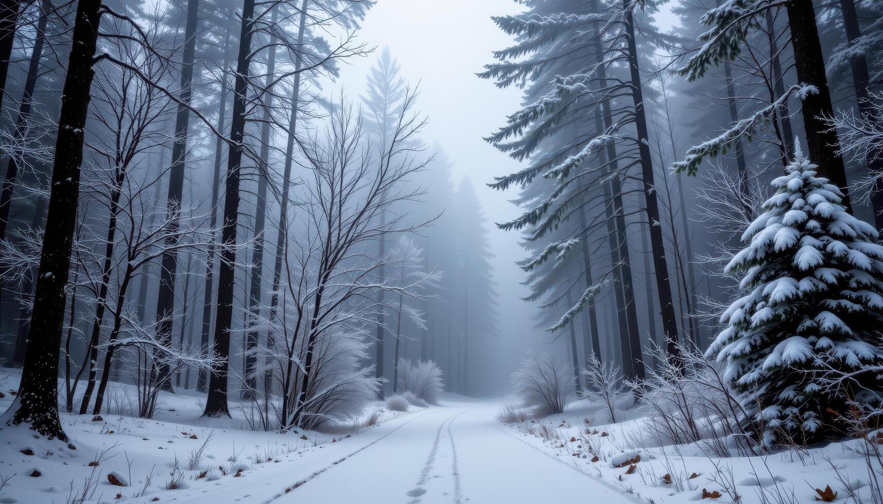 a foggy snowy forest with low hanging mist. photo