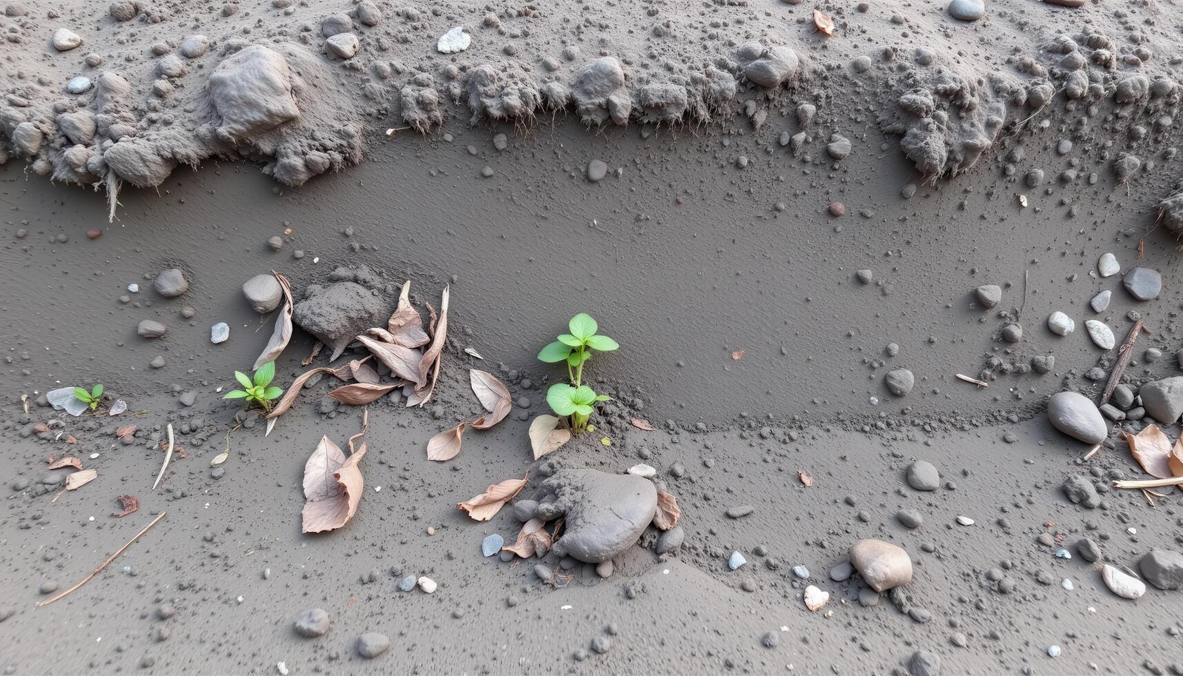 thick mud bank with tiny seedlings sprouting near roots. photo