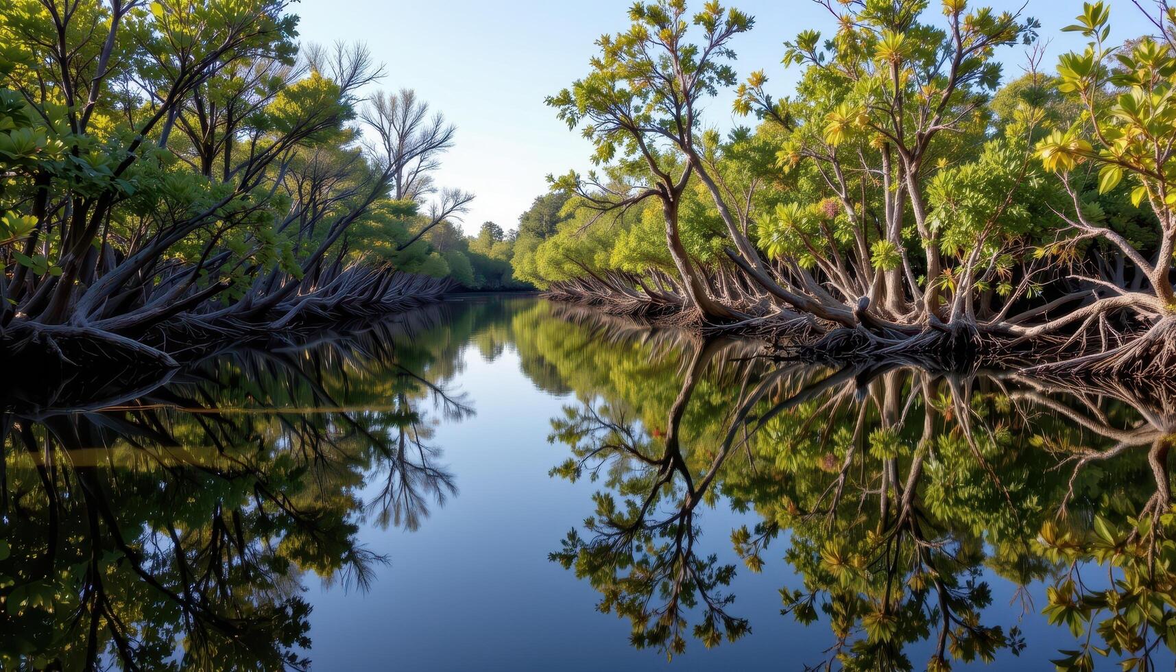 a quiet mangrove lagoon with mirrored reflections. photo