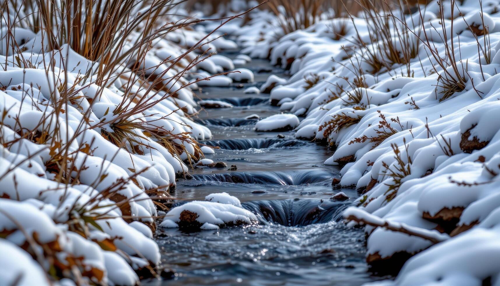 a frozen stream bordered by snow dusted plants. photo