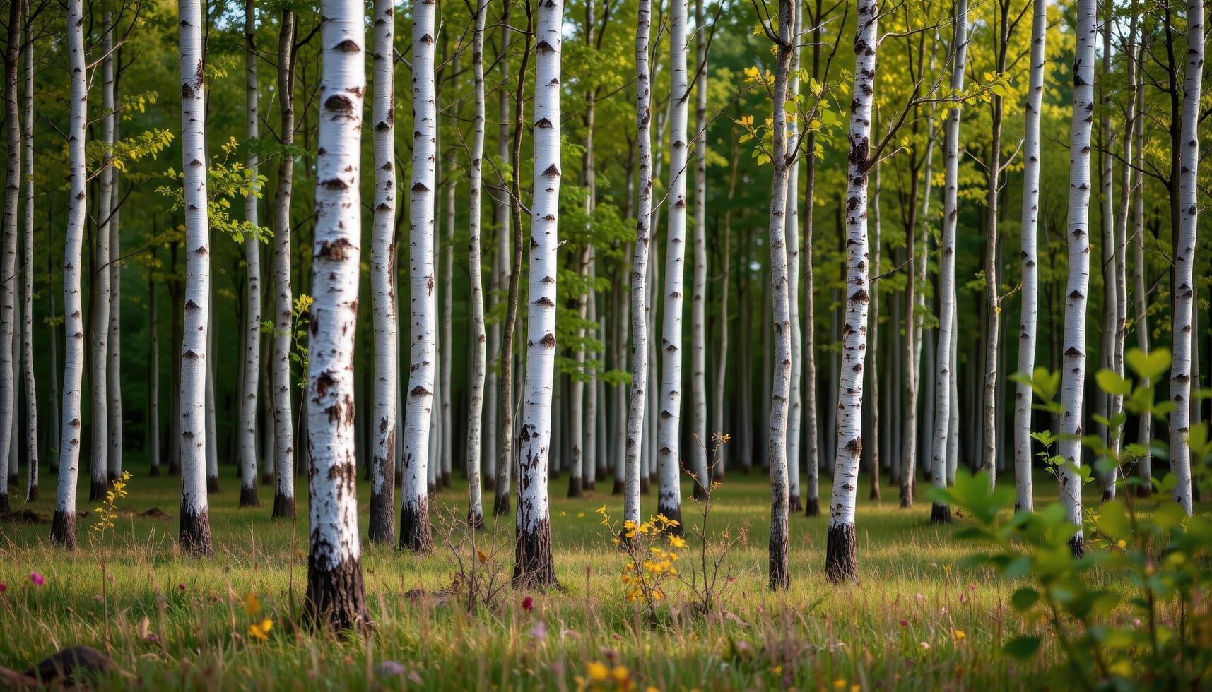 pale birch trunks standing tall in a quiet forest. photo