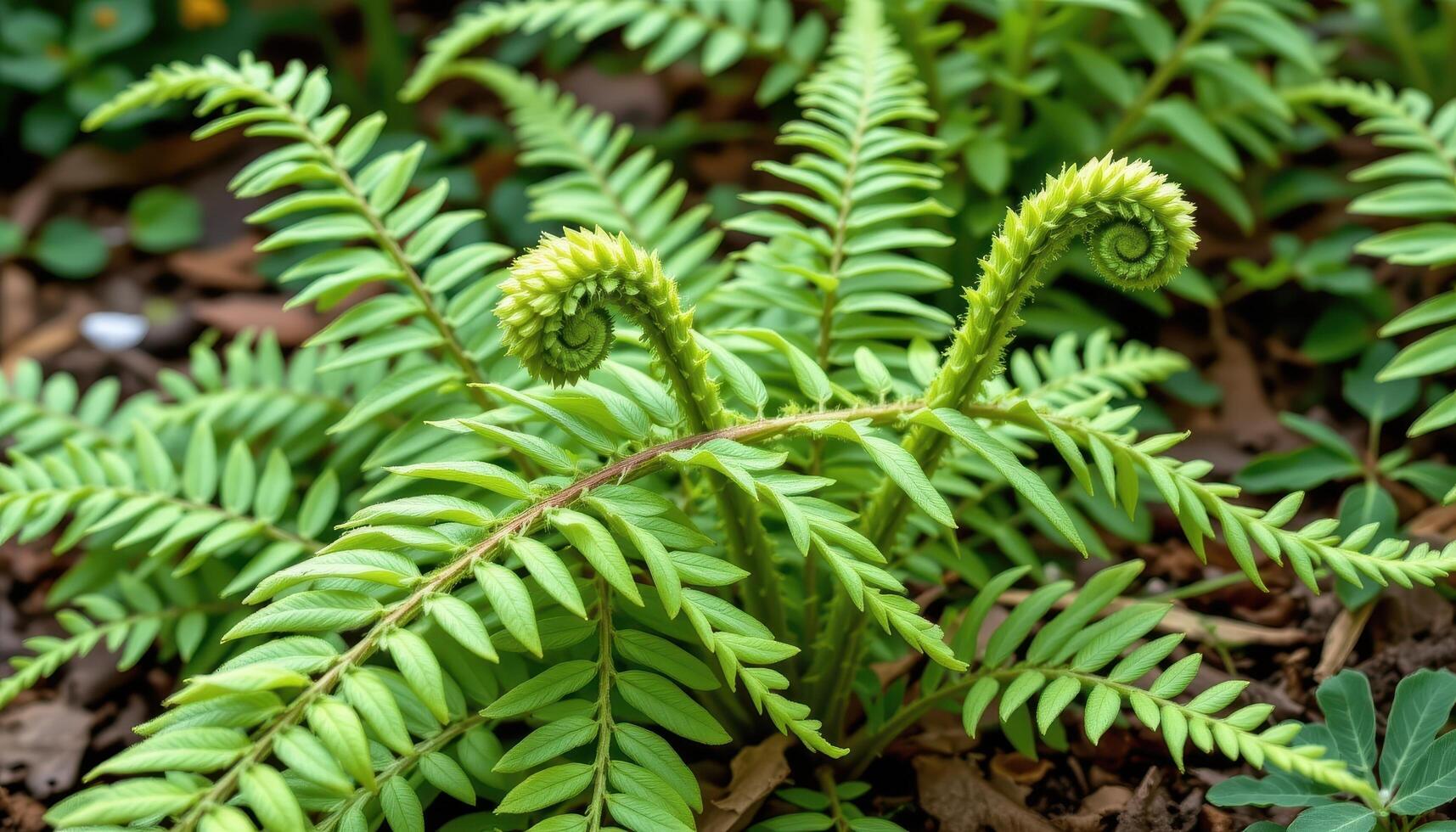 ferns unfurling fresh green fronds in early spring. photo