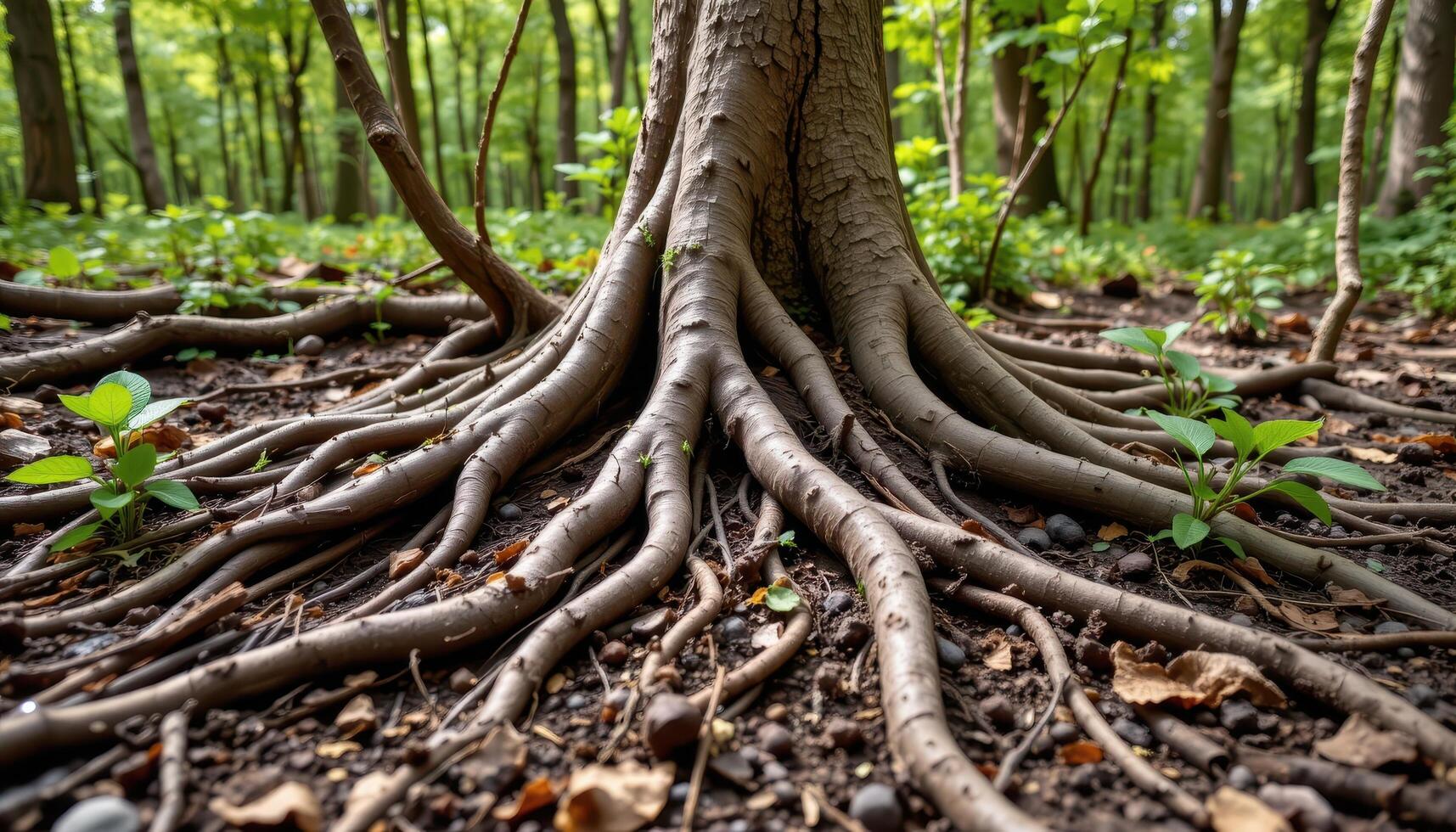 twisted roots breaking through the soft forest soil. photo