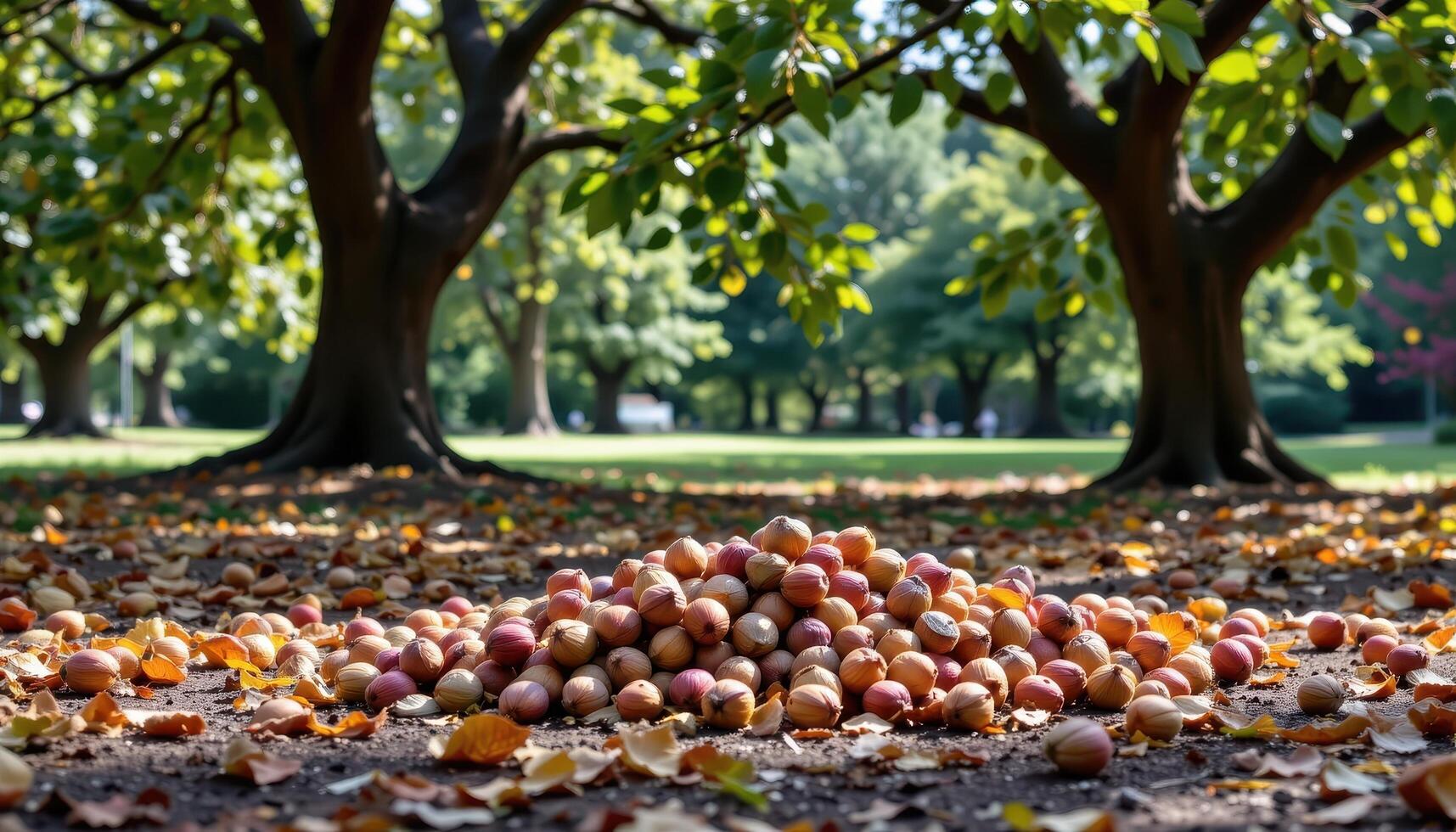 a pile of acorns scattered beneath oak trees. photo