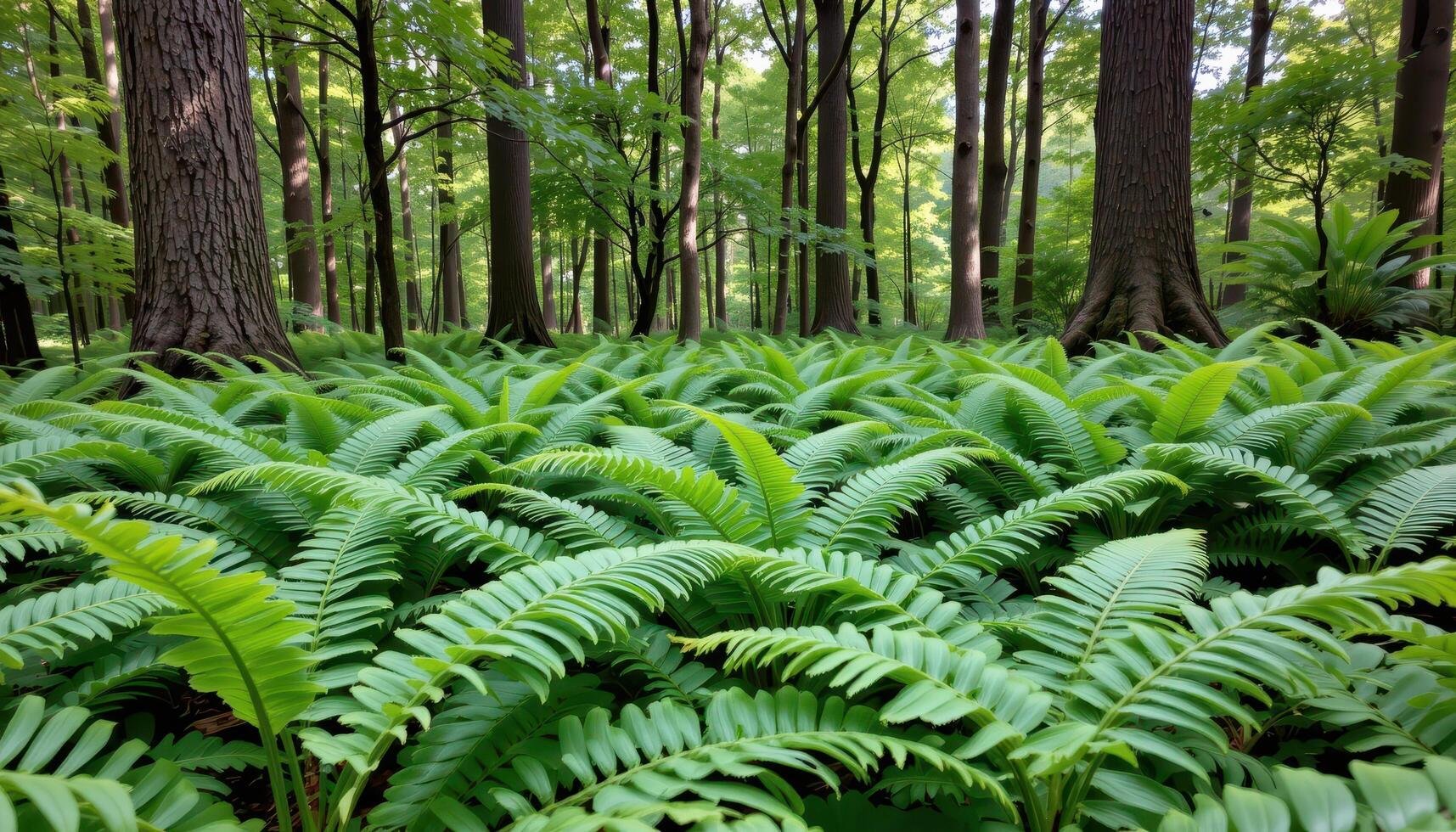 ferns growing thick under a canopy of hardwood trees. photo