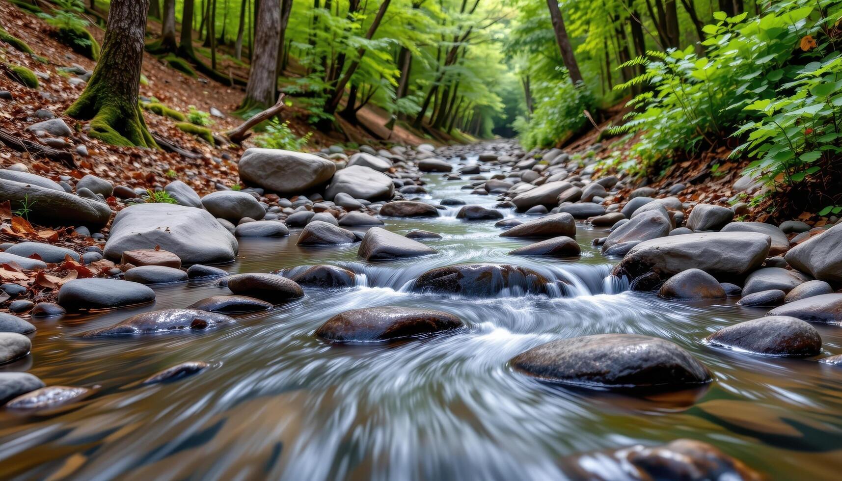 a brook running over smooth stones in a temperate forest. photo