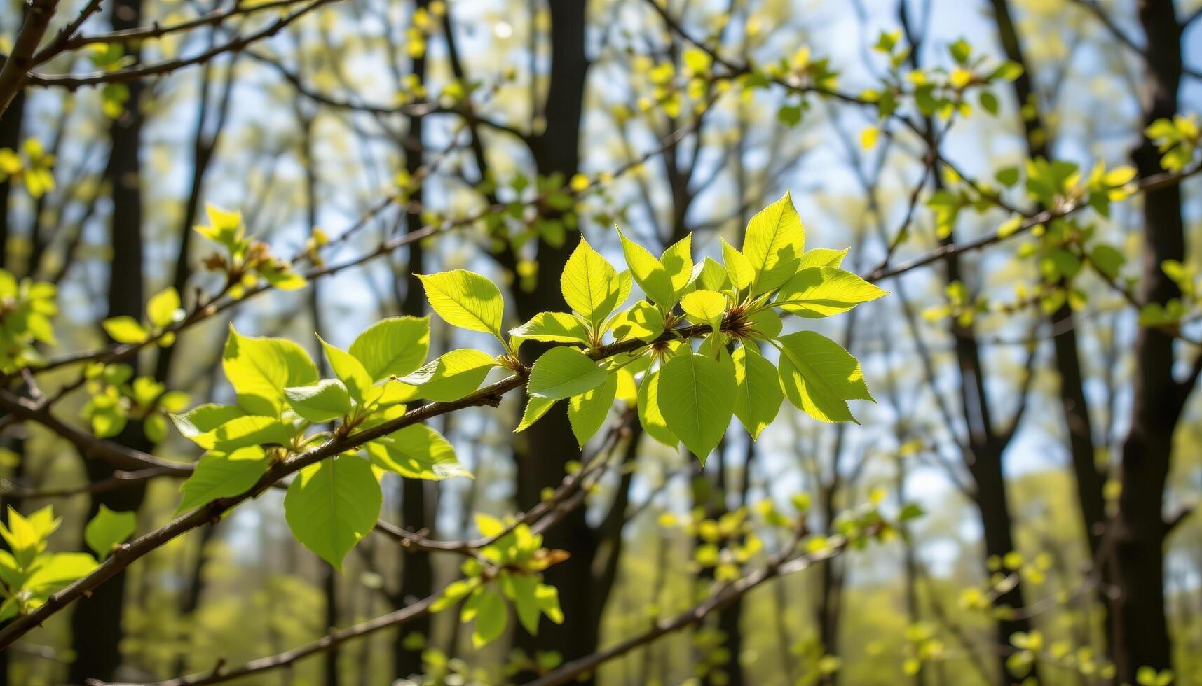 bright green new leaves in a springtime forest. photo