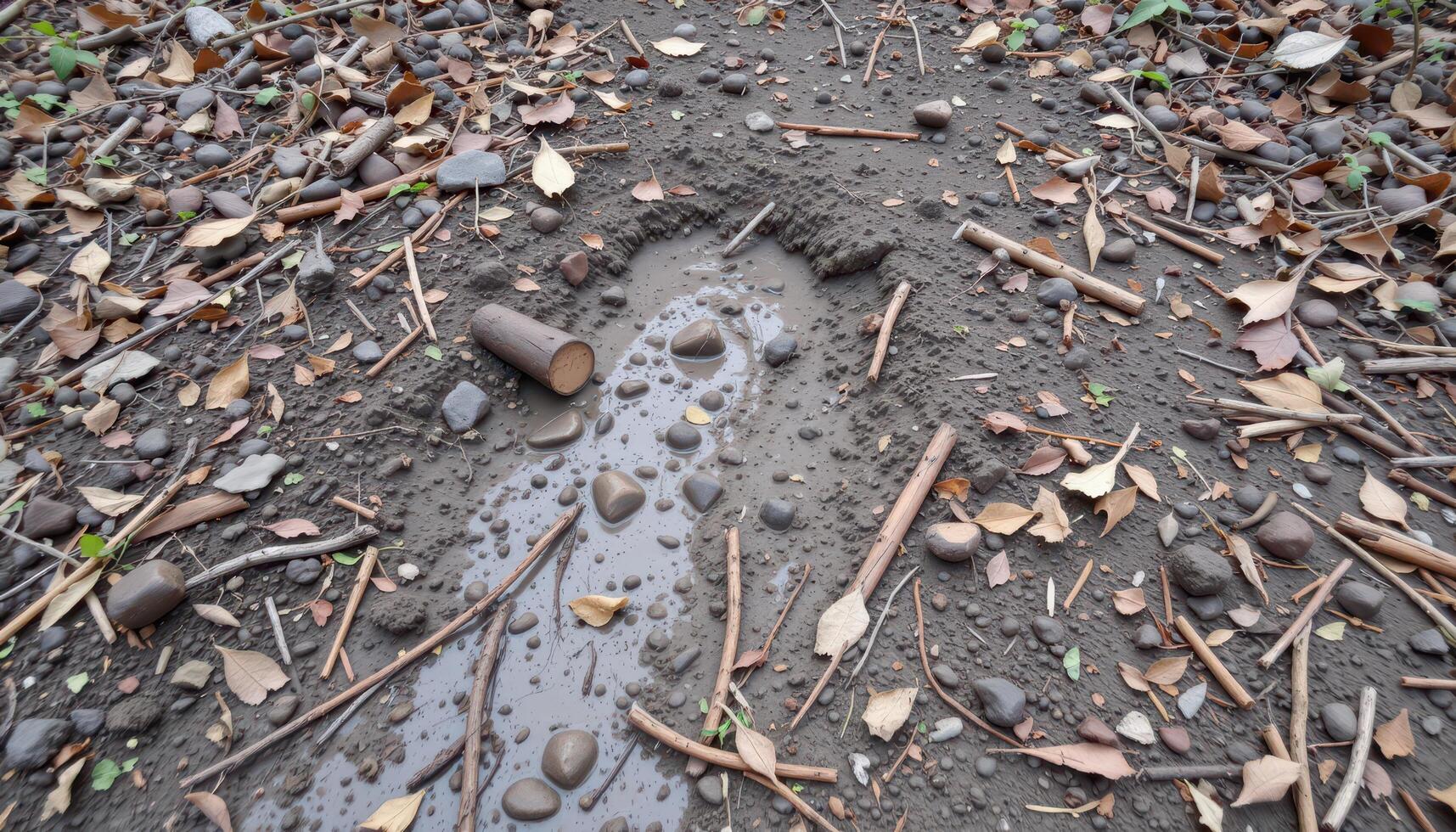 muddy forest floor scattered with fallen twigs and branches. photo