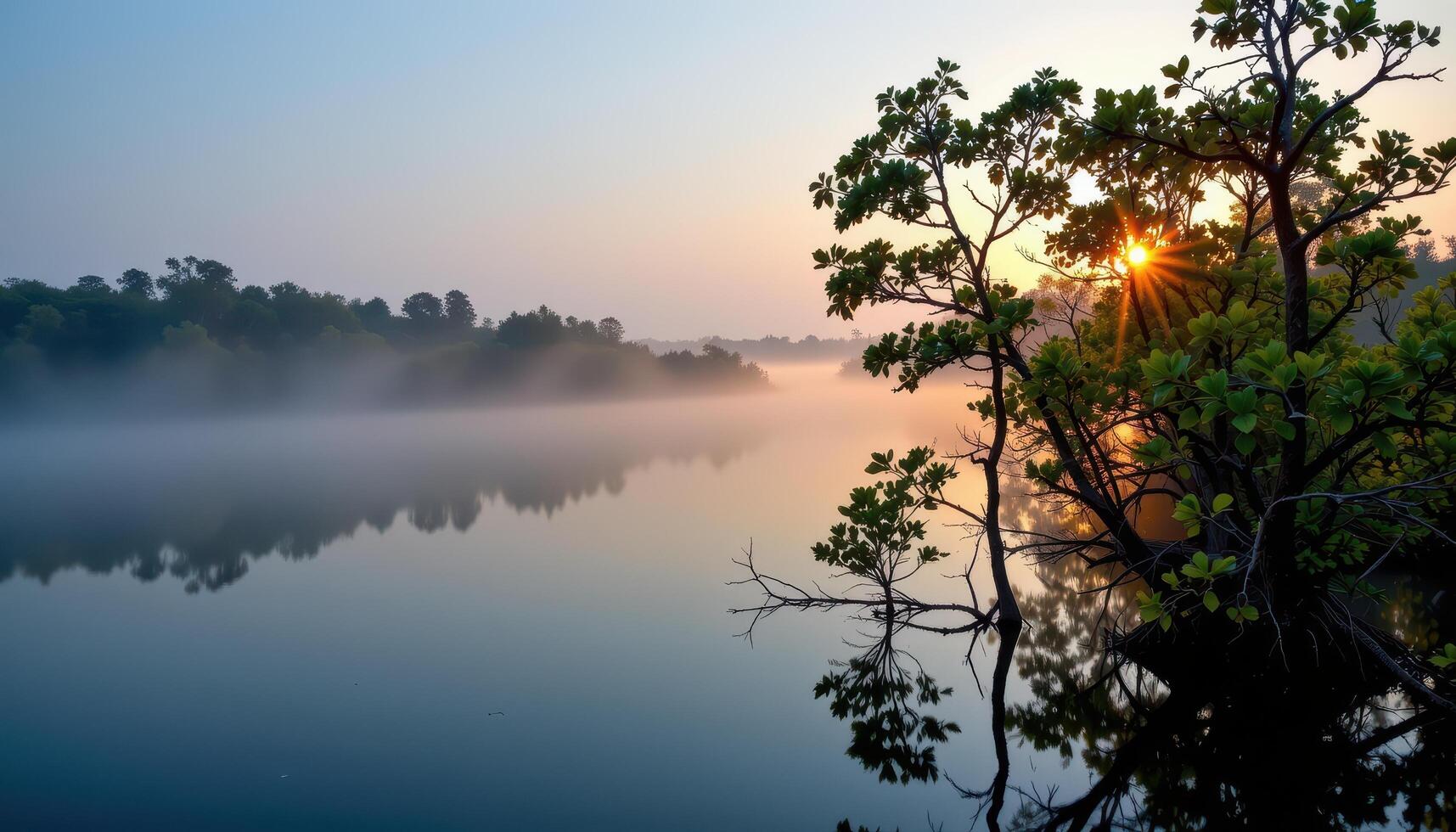 mist hovering above a vast mangrove forest at dawn. photo