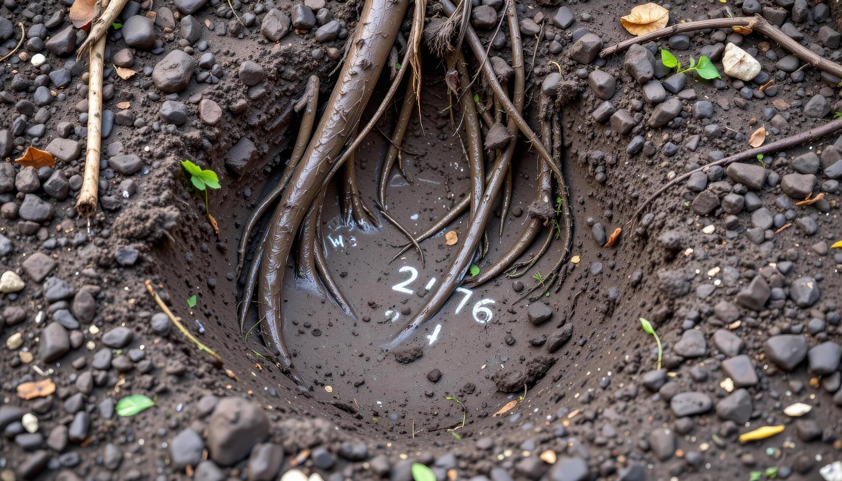 thick, peaty mud beneath a web of roots. photo