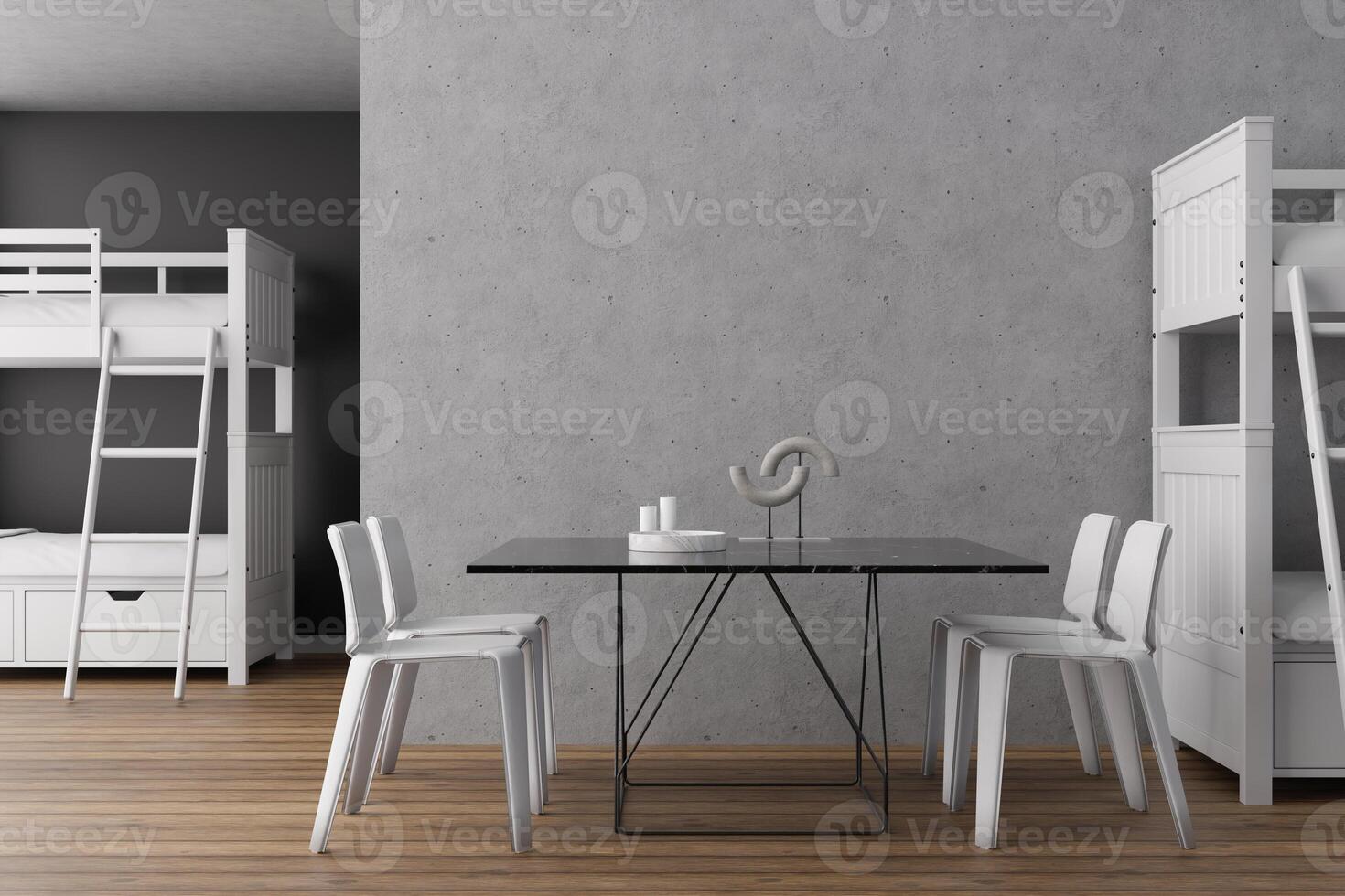 A contemporary hostel interior features wooden flooring, white bunk beds, and a sleek black dining table surrounded by chairs. The space blends comfort with practicality for travelers photo
