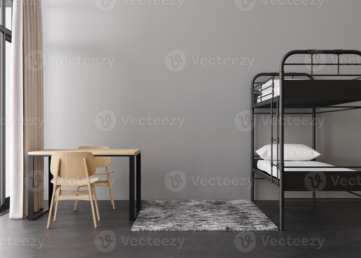 A contemporary hostel interior showcases a clean and minimalistic design. Cheap travel, budget accommodation. 3D rendering. photo